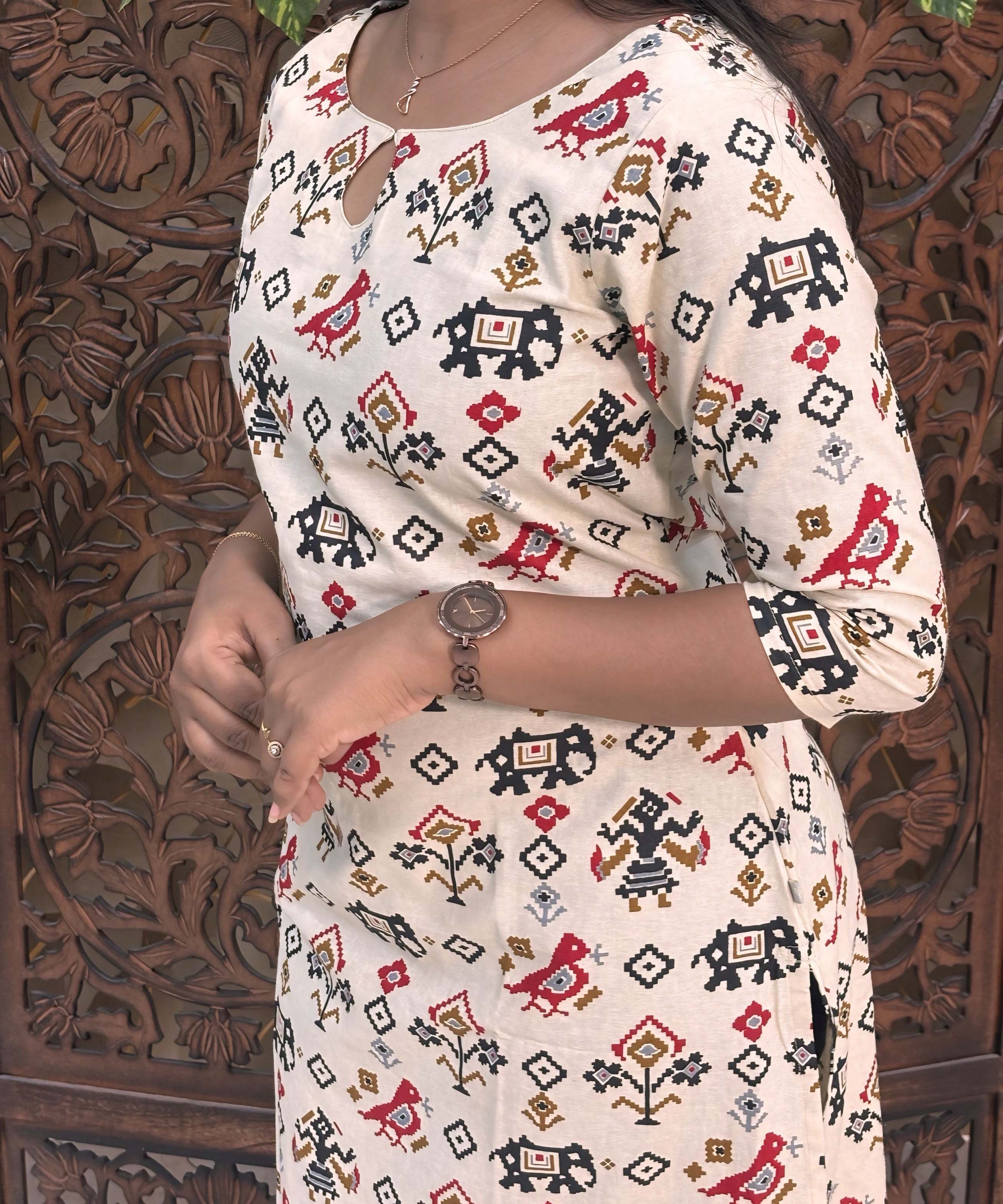 Boat Neck Design Tribal Ikat Printed Flex Cotton Kurti with Pocket / LSS193