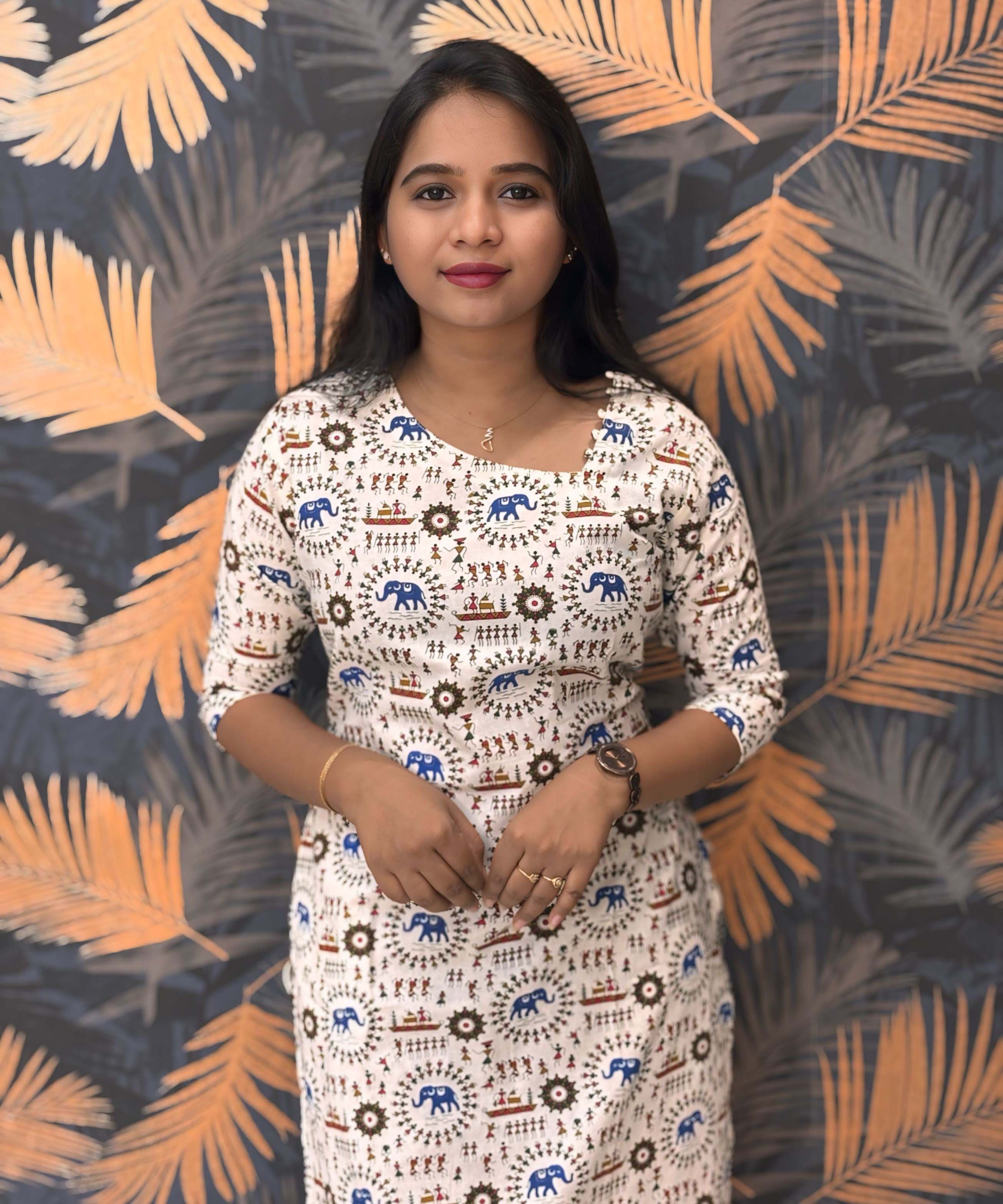 Warli Printed Blue Color Elephant Design Flex Cotton Kurti with Pocket / LSS191