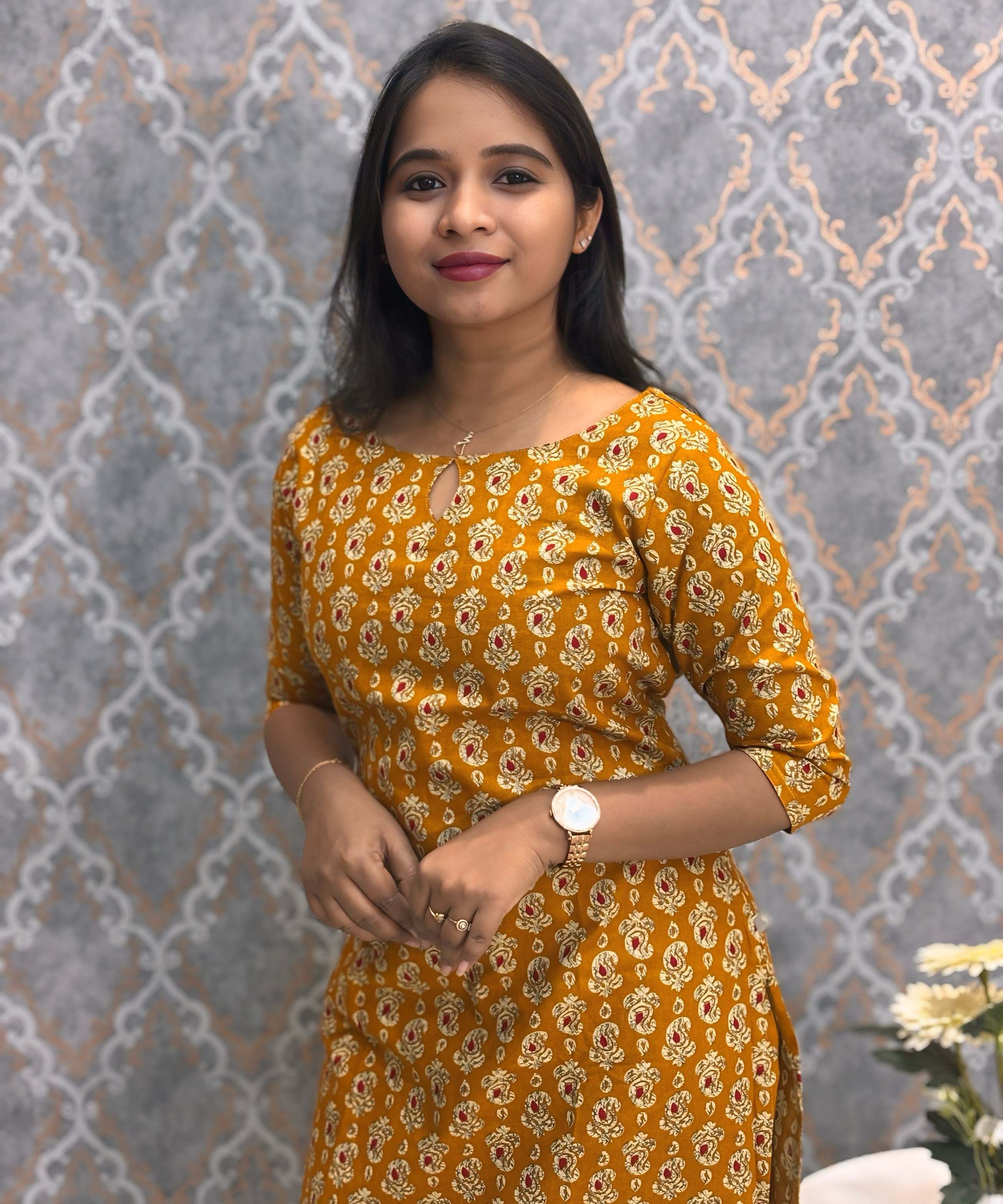 Mustard Yellow and Beige Color Floral Flex Cotton Kurti with Pocket / LSS180