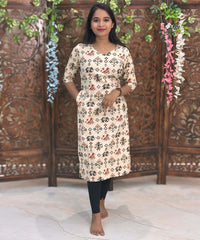 V Neck With Potli Design Tribal Ikat Printed Flex Cotton Kurti with Pocket / LSS193
