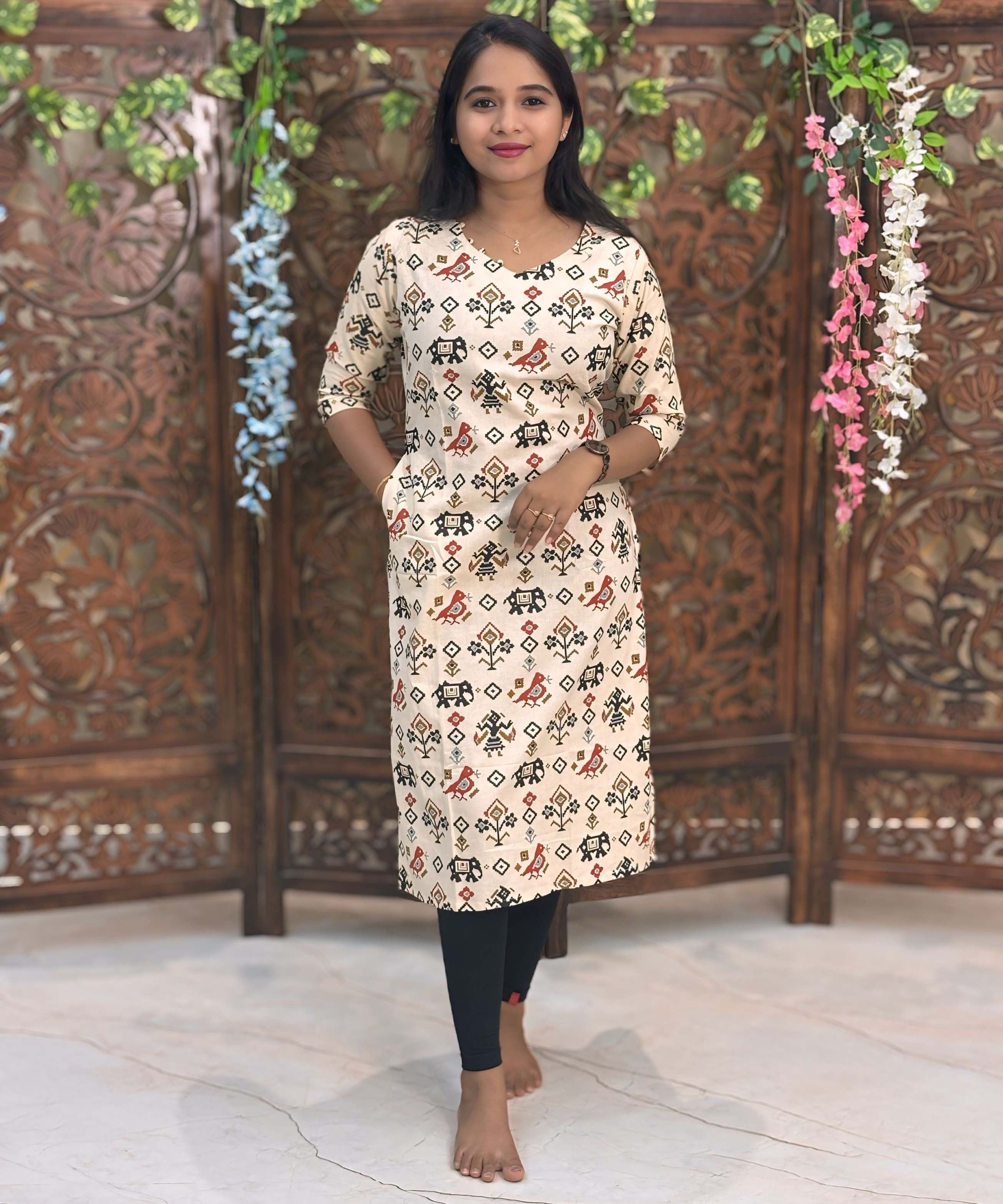 V Neck With Potli Design Tribal Ikat Printed Flex Cotton Kurti with Pocket / LSS193