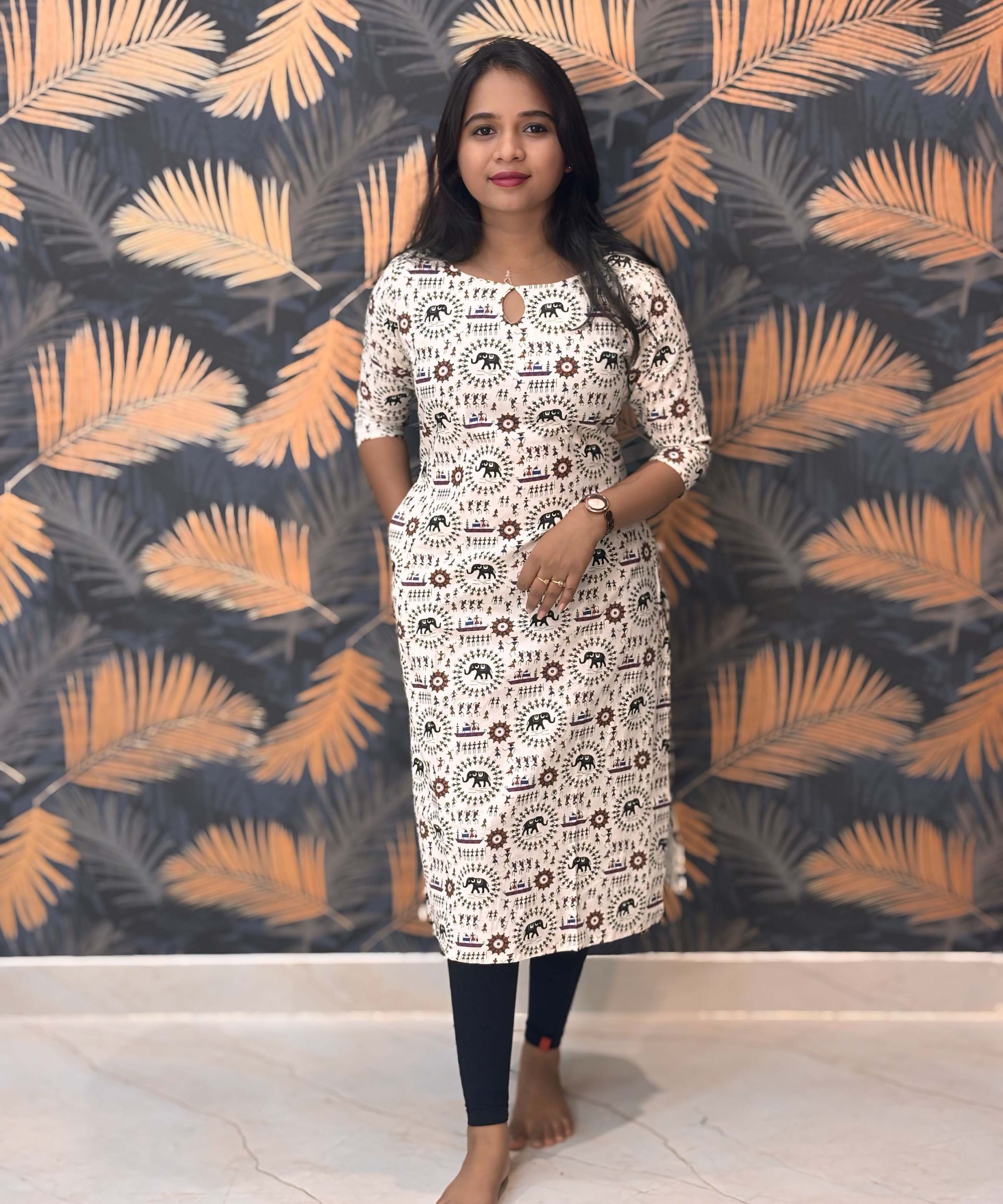 Warli Printed Black Color Elephant Design Flex Cotton Kurti with Pocket / LSS191
