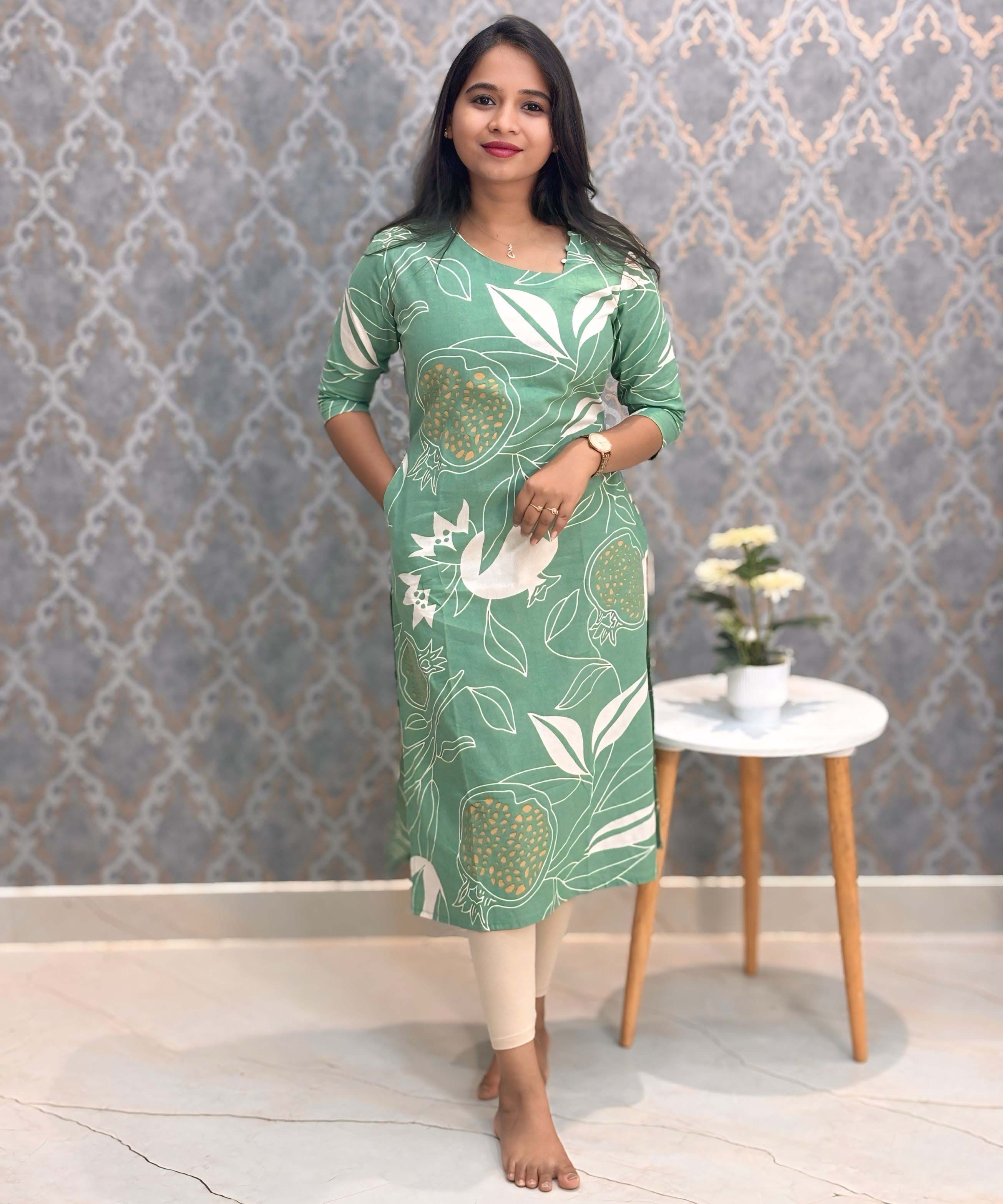 Green and Half White Color Floral Flex Cotton Kurti with Pocket / LSS179