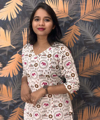 Warli Printed Pink Color Elephant Design Flex Cotton Kurti with Pocket / LSS191