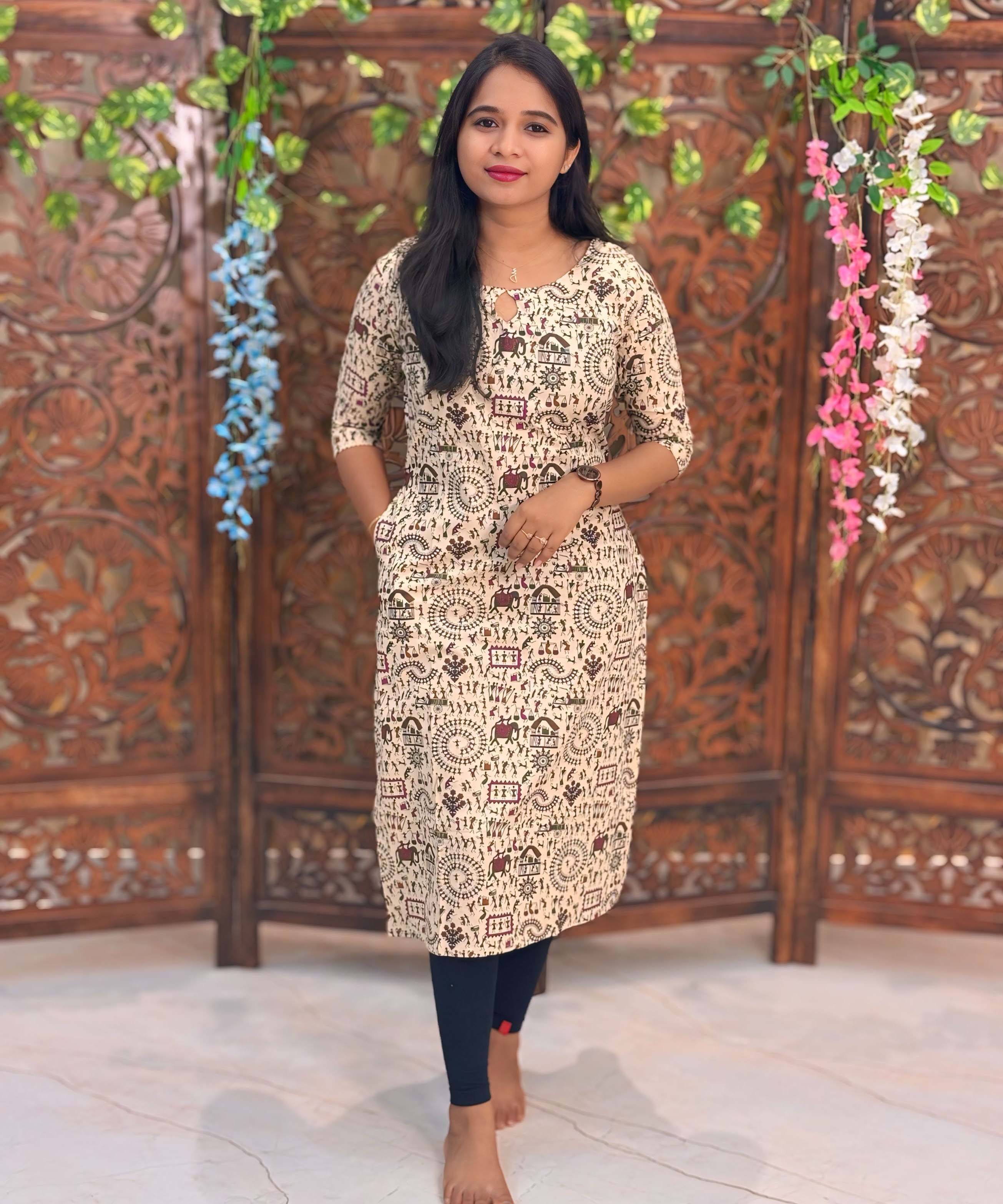 Boat Neck Design Warli Printed Flex Cotton Kurti with Pocket / LSS192