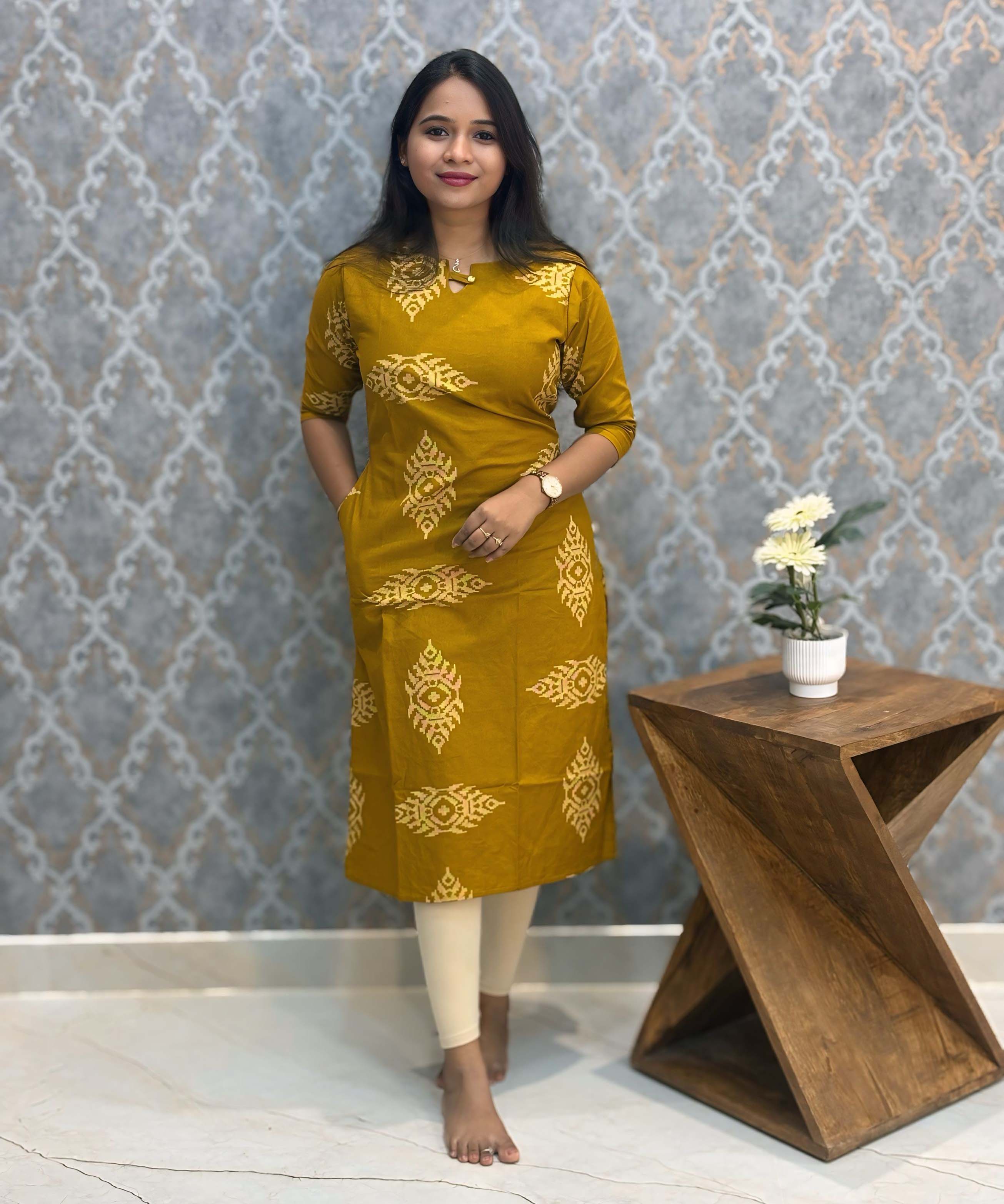 Mustard Yellow Color Boat neck Flex Cotton Kurti with Pocket / LSS196