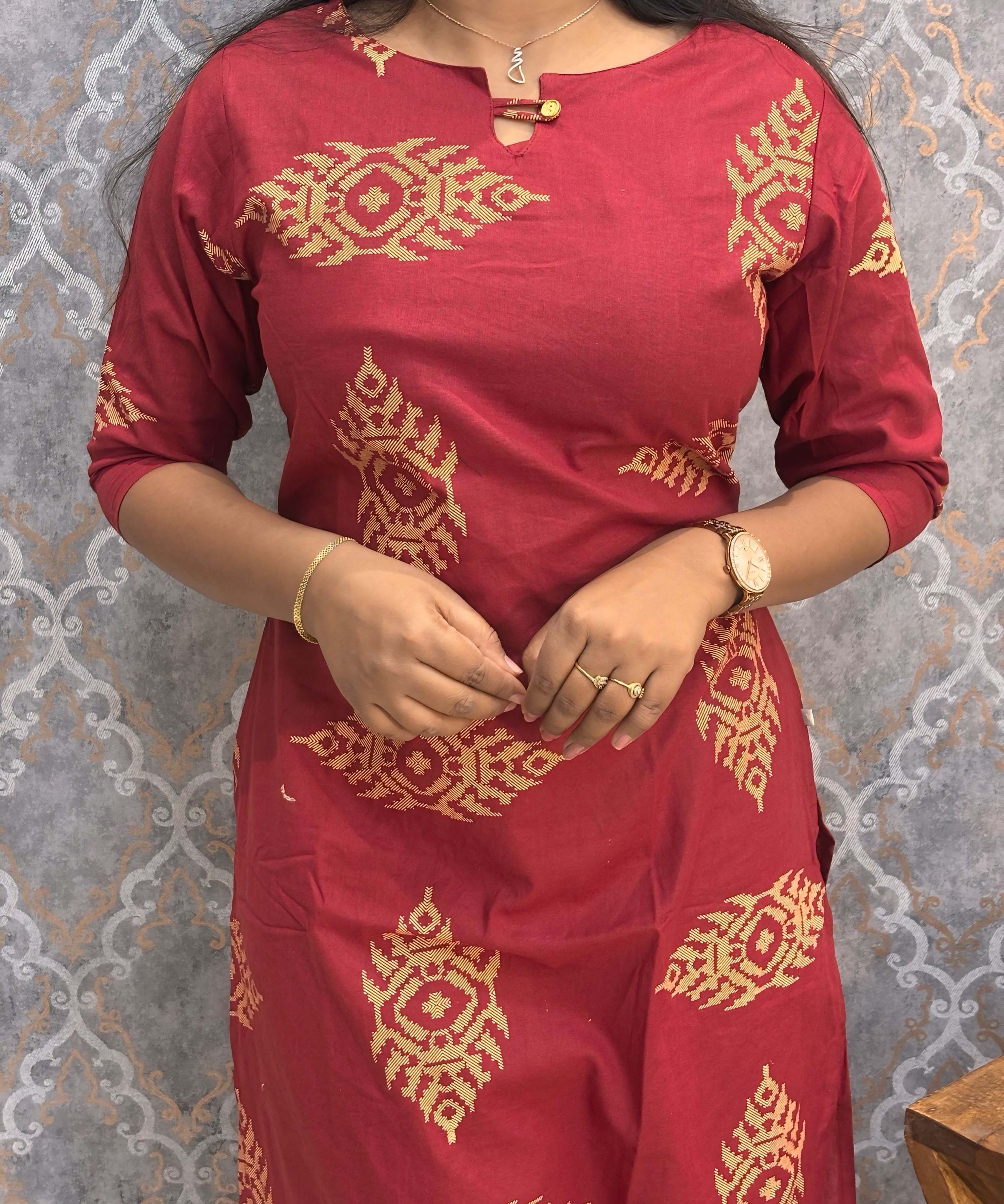 Brick Red Color Boat neck Flex Cotton Kurti with Pocket / LSS196