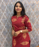 Brick Red Color Boat neck Flex Cotton Kurti with Pocket / LSS196