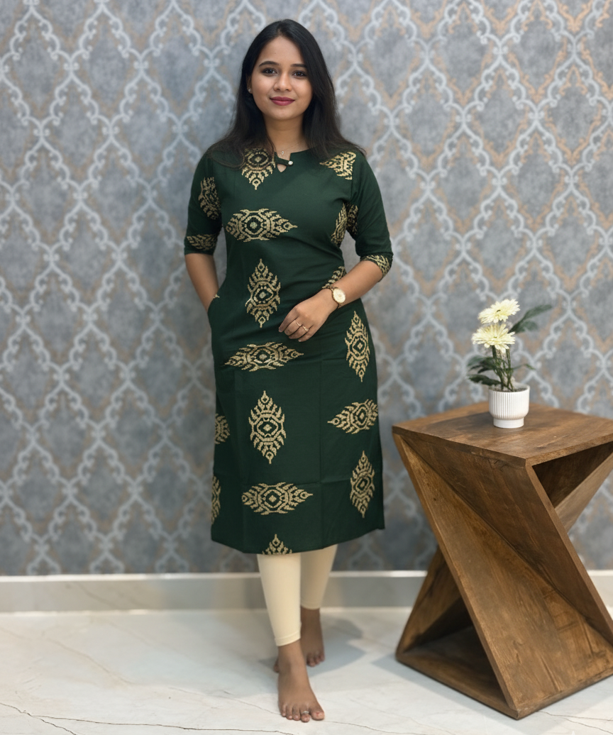 Bottle Green Color Boat Neck Flex Cotton Kurti with Pocket / LSS196