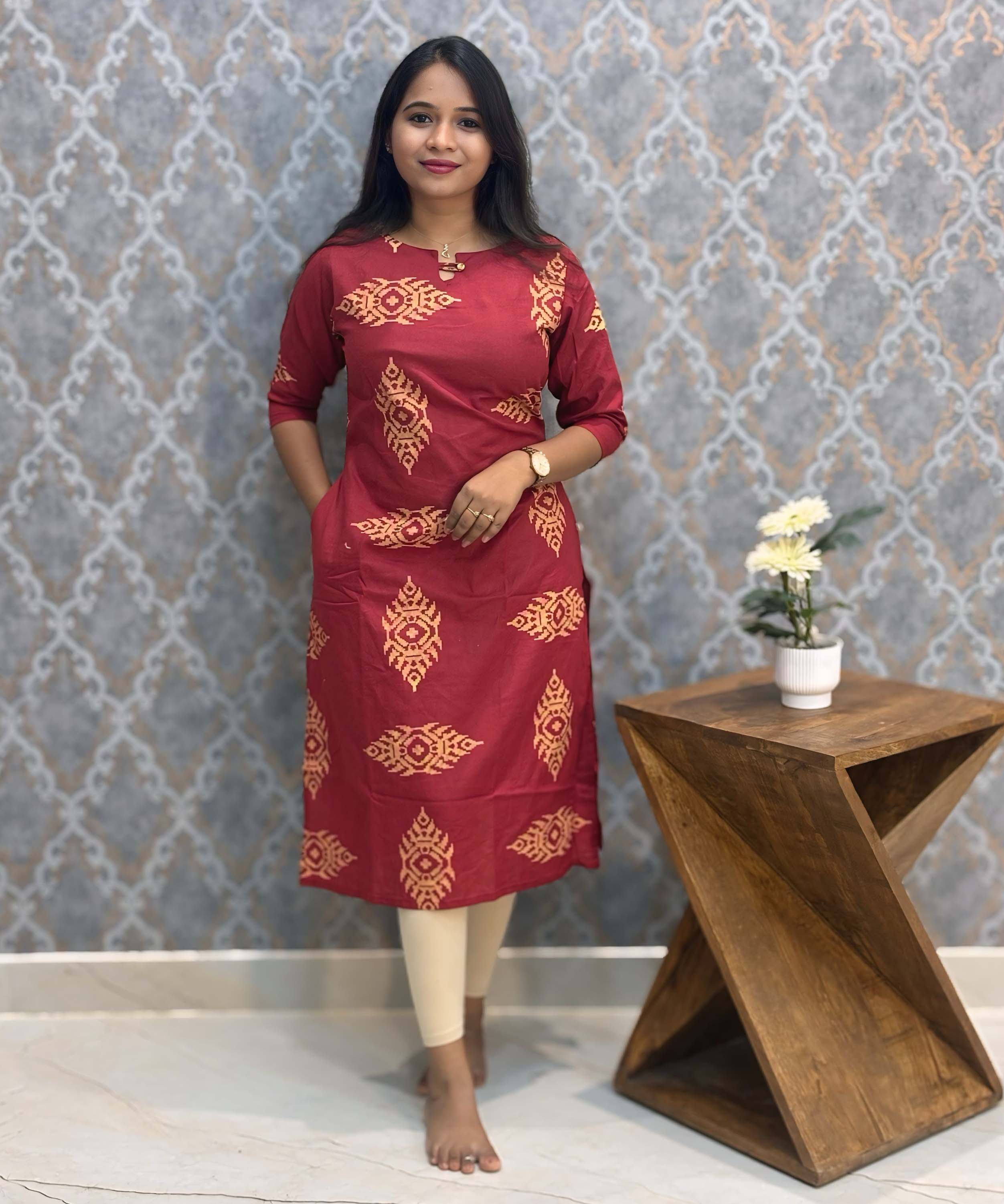 Brick Red Color Boat neck Flex Cotton Kurti with Pocket / LSS196