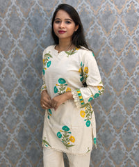 Yellow Green and Half White Color Floral Design Flex Cotton Short Top Coord Set / ESS403