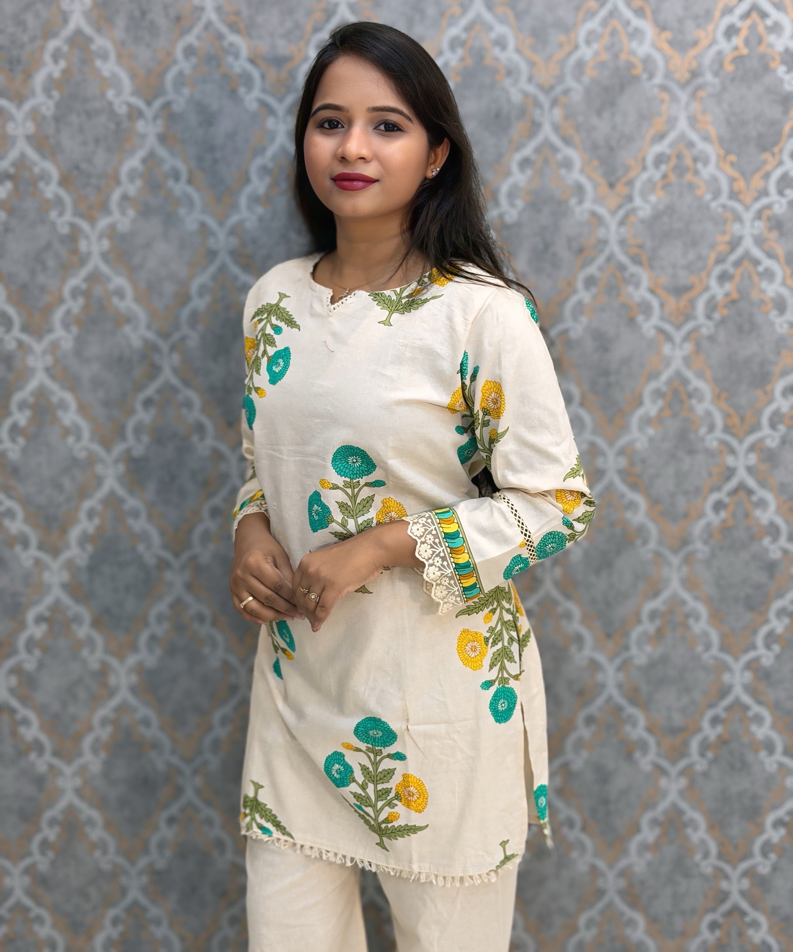 Yellow Green and Half White Color Floral Design Flex Cotton Short Top Coord Set / ESS403