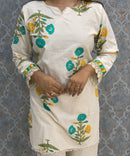 Yellow Green and Half White Color Floral Design Flex Cotton Short Top Coord Set / ESS403