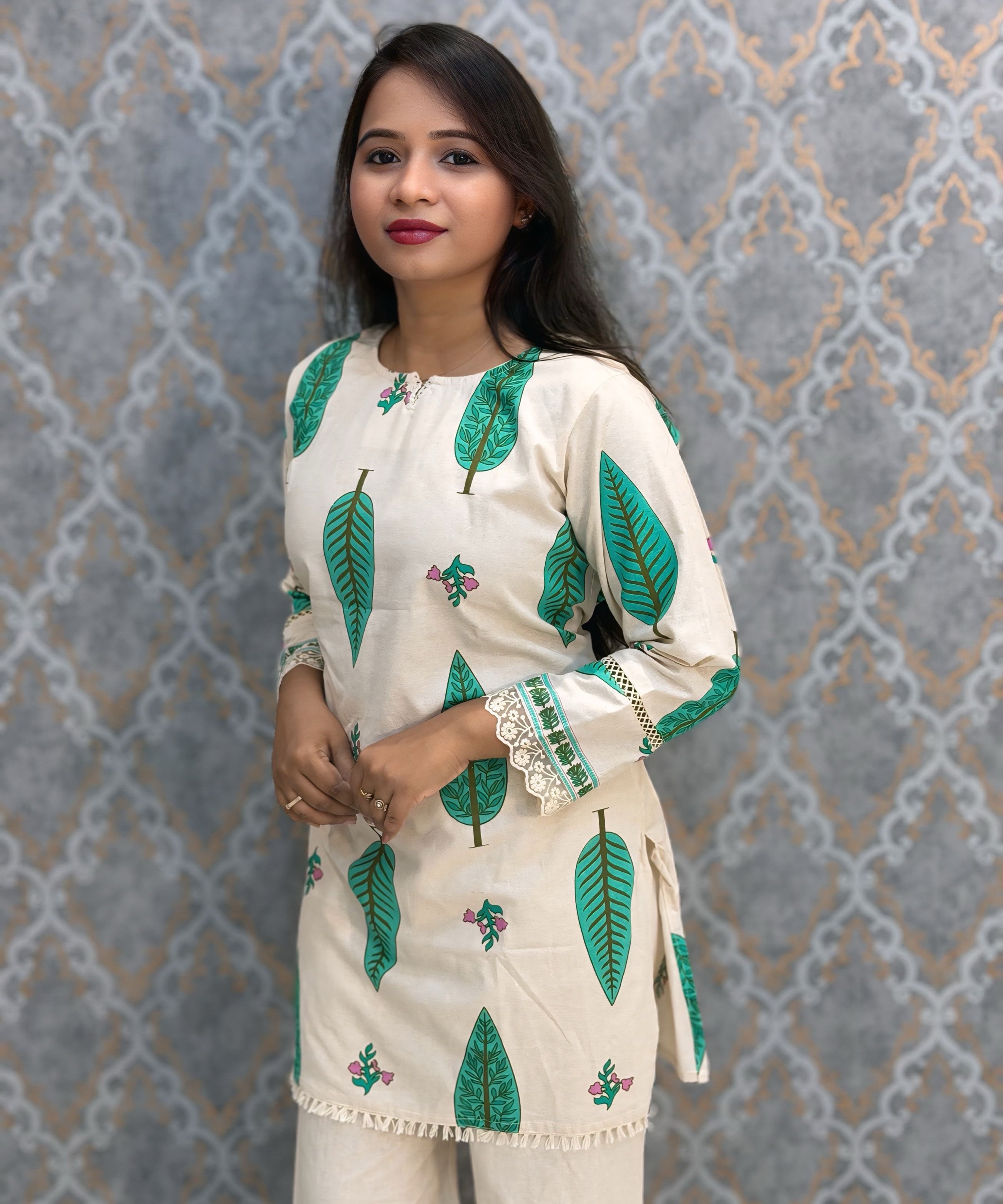 Green and Half White Color Floral Design Flex Cotton Short Top Coord Set / ESS403