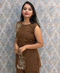 Brown Color Floral Design Flex Cotton Short Top Coord Set with Sleeves / ESS403