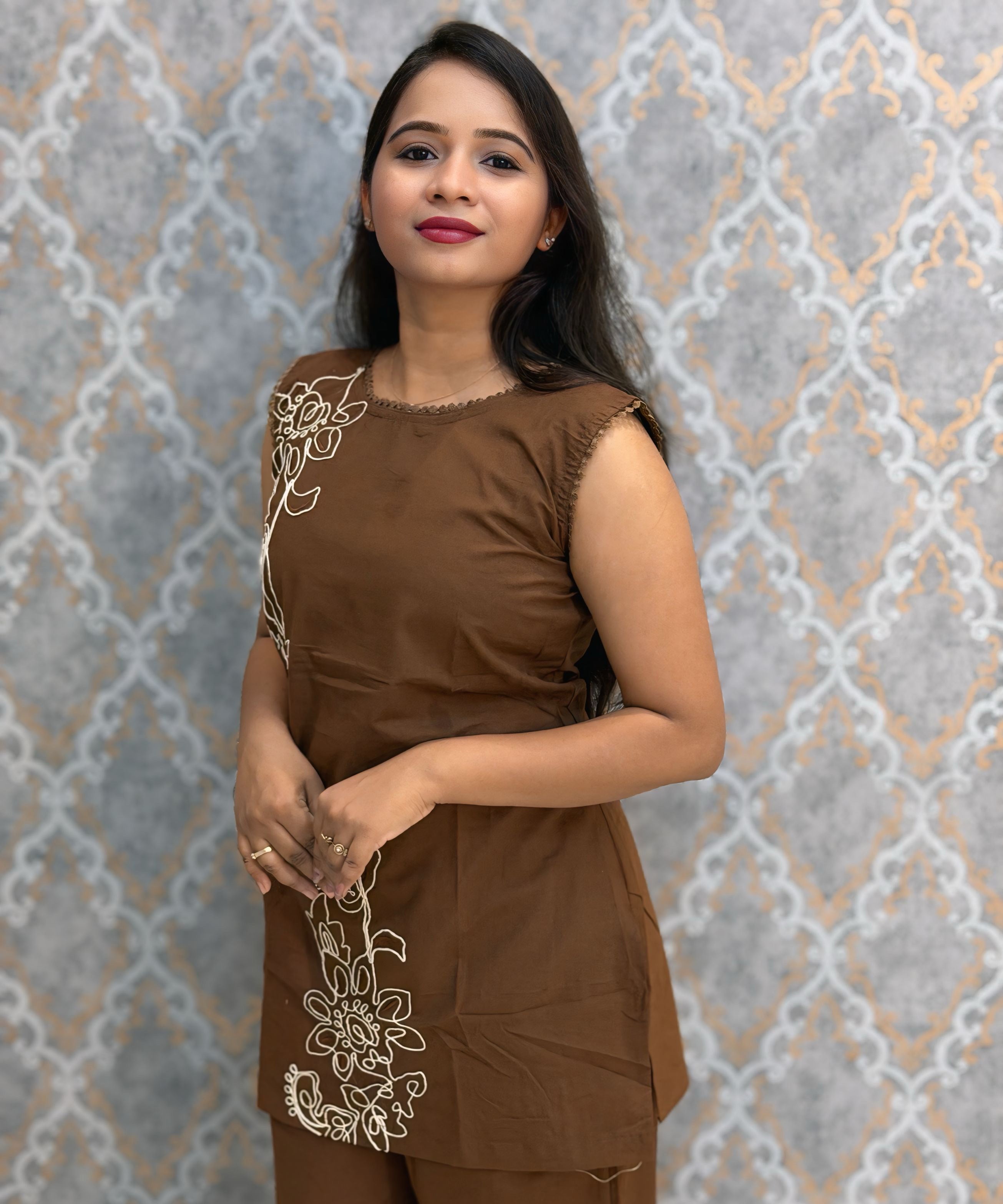 Brown Color Floral Design Flex Cotton Short Top Coord Set with Sleeves / ESS403