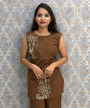 Brown Color Floral Design Flex Cotton Short Top Coord Set with Sleeves / ESS403