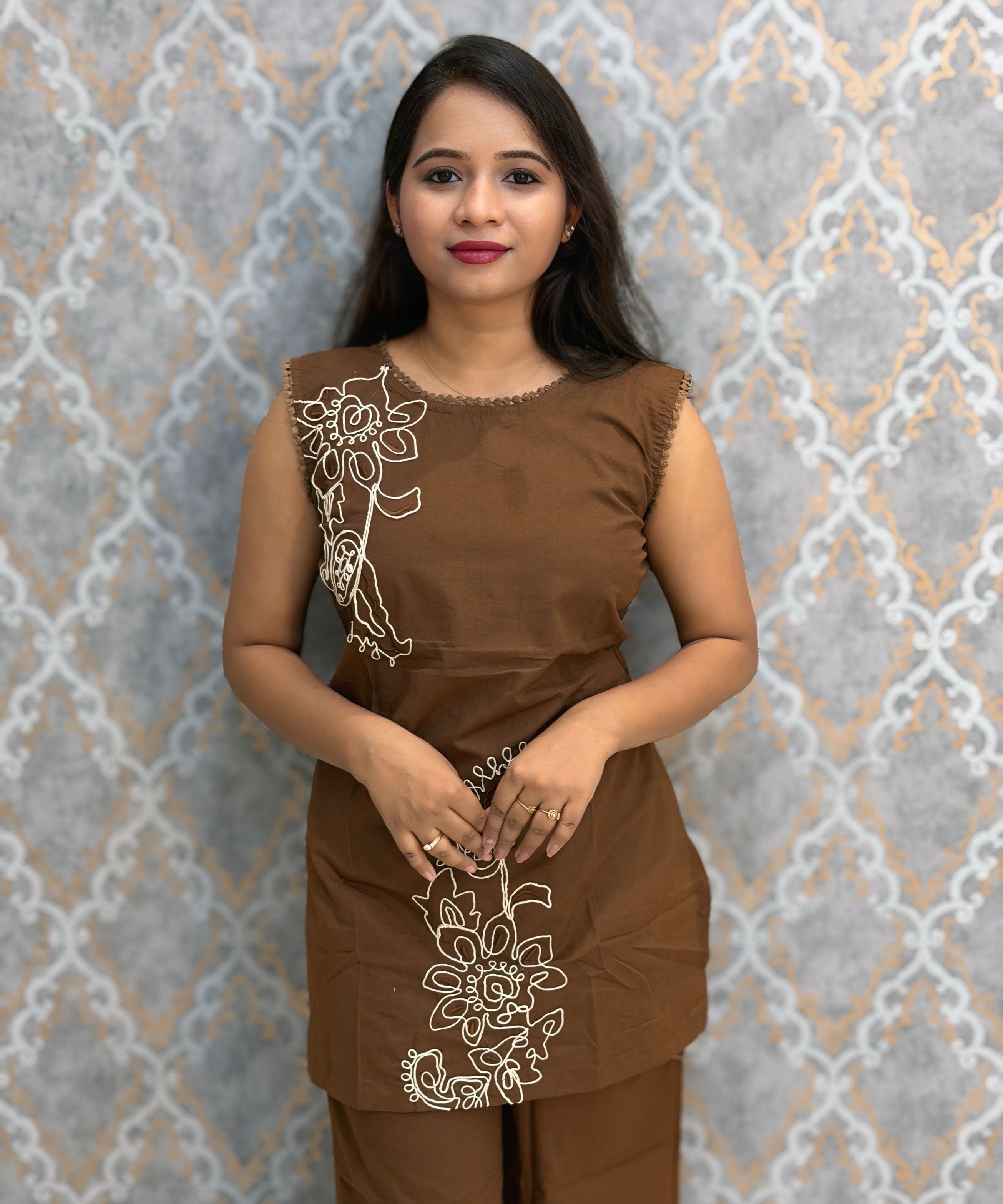 Brown Color Floral Design Flex Cotton Short Top Coord Set with Sleeves / ESS403