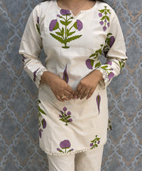 Purple and Half White Color Floral Design Flex Cotton Short Top Coord Set / ESS403