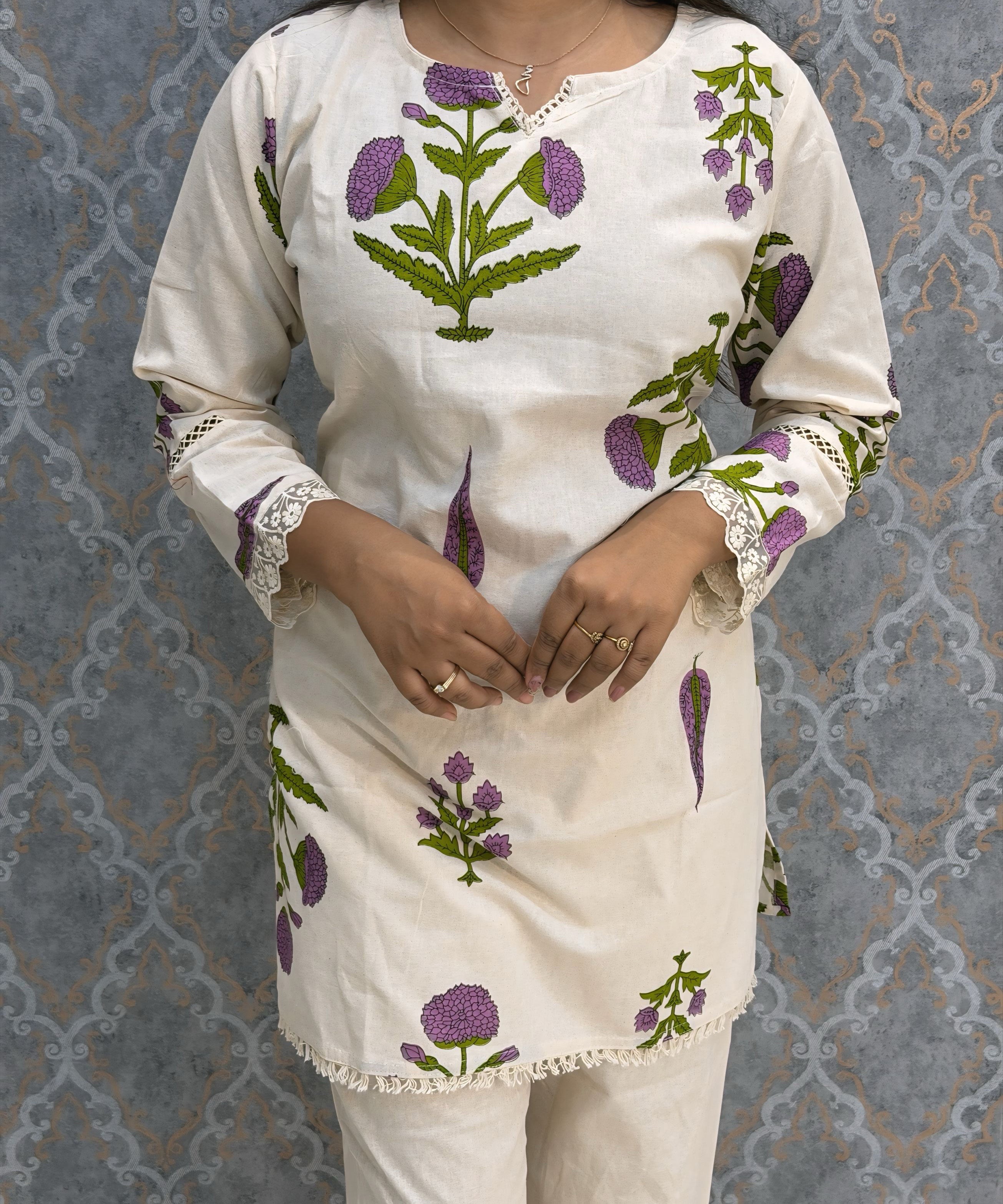 Purple and Half White Color Floral Design Flex Cotton Short Top Coord Set / ESS403