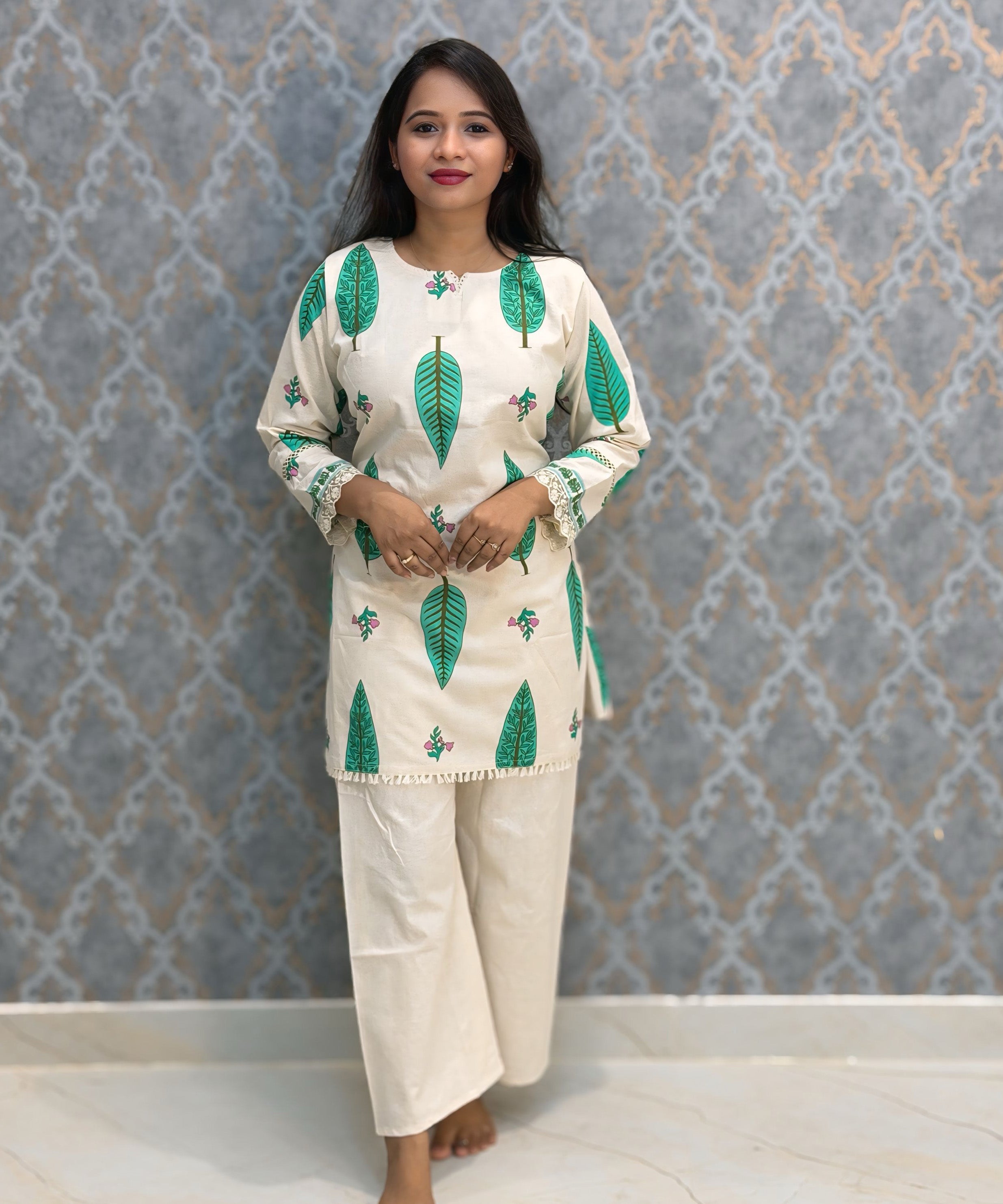 Green and Half White Color Floral Design Flex Cotton Short Top Coord Set / ESS403