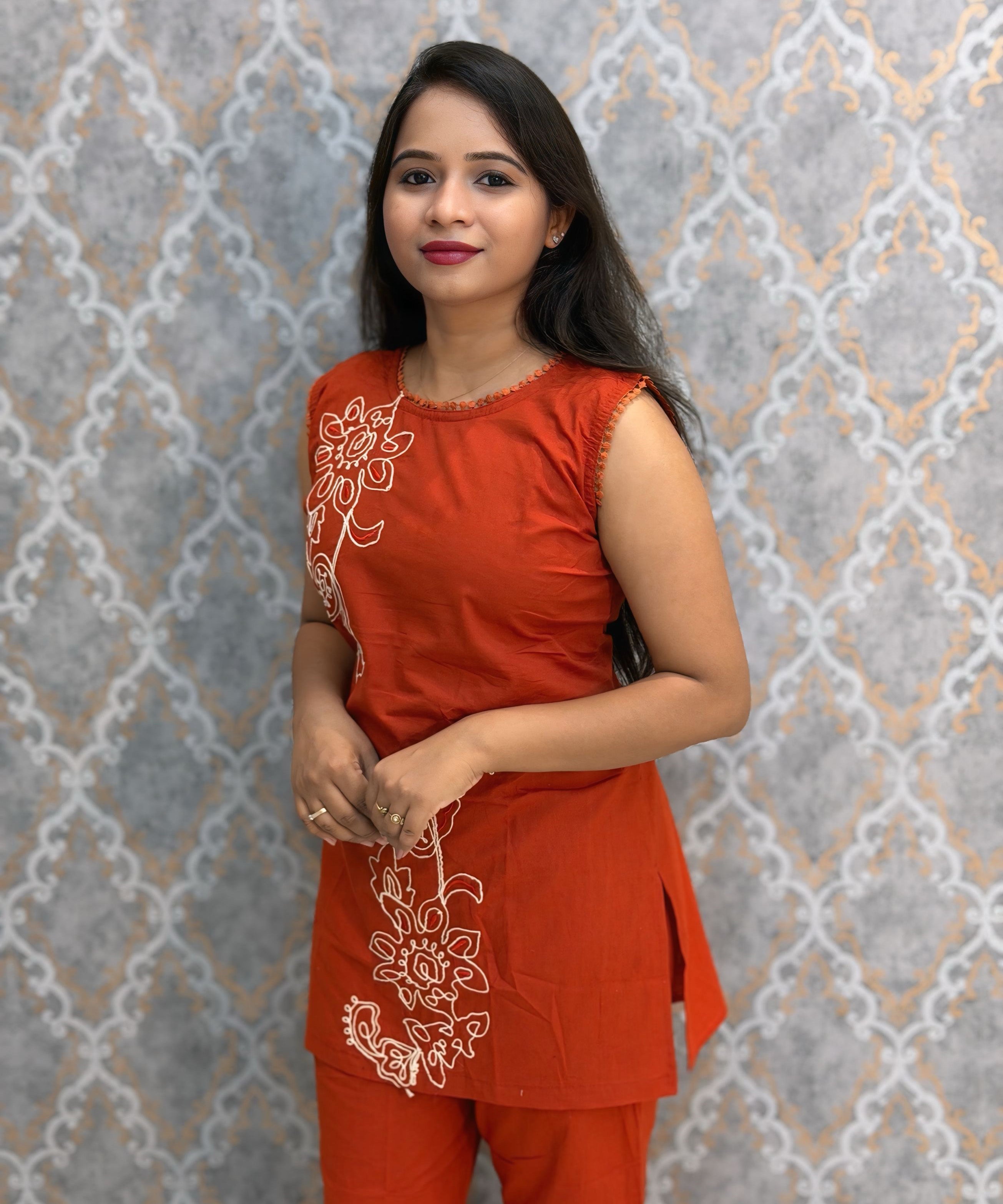 Rust Orange Color Floral Design Flex Cotton Short Top Coord Set with Sleeves / ESS403