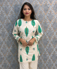 Green and Half White Color Floral Design Flex Cotton Short Top Coord Set / ESS403