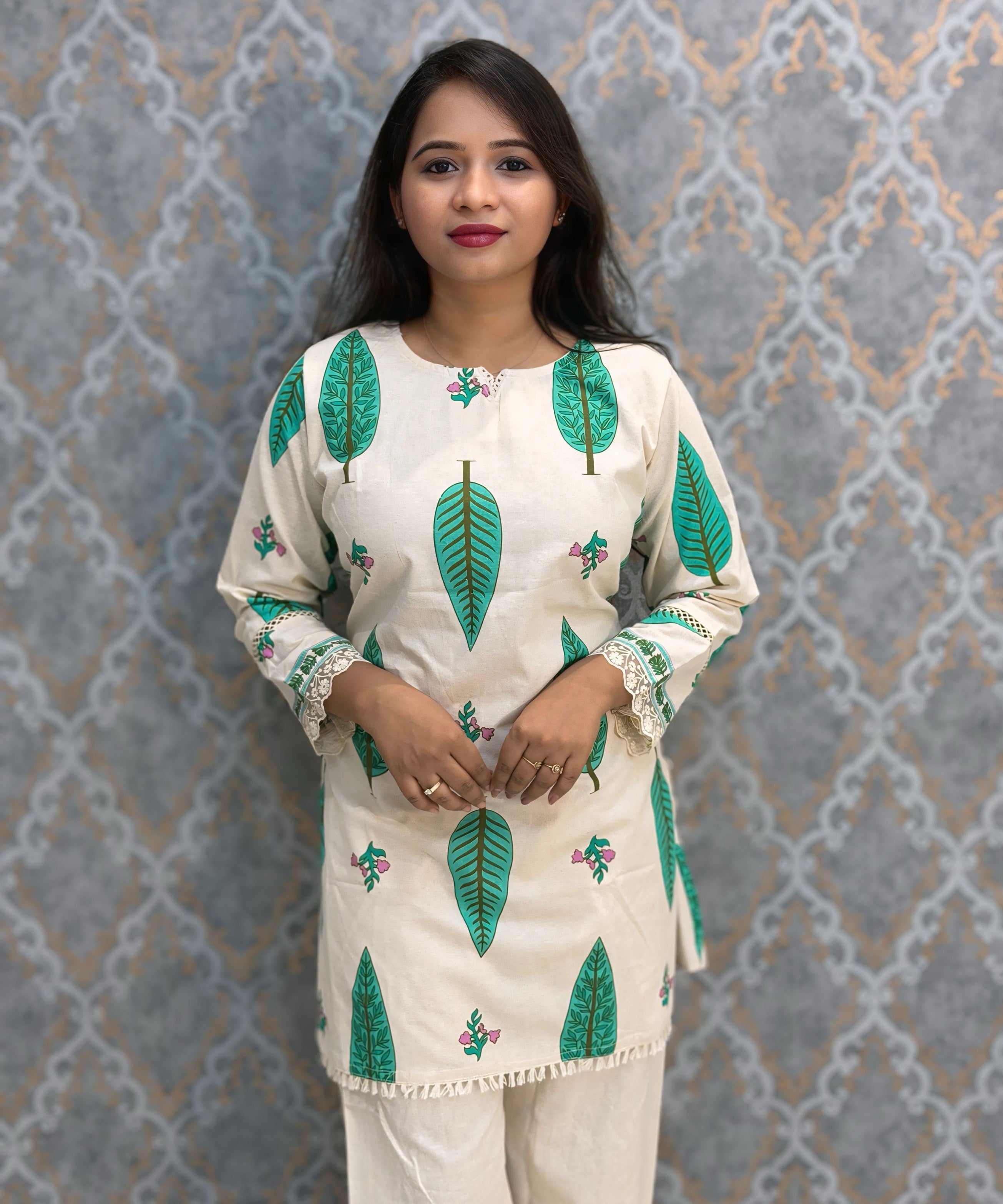 Green and Half White Color Floral Design Flex Cotton Short Top Coord Set / ESS403