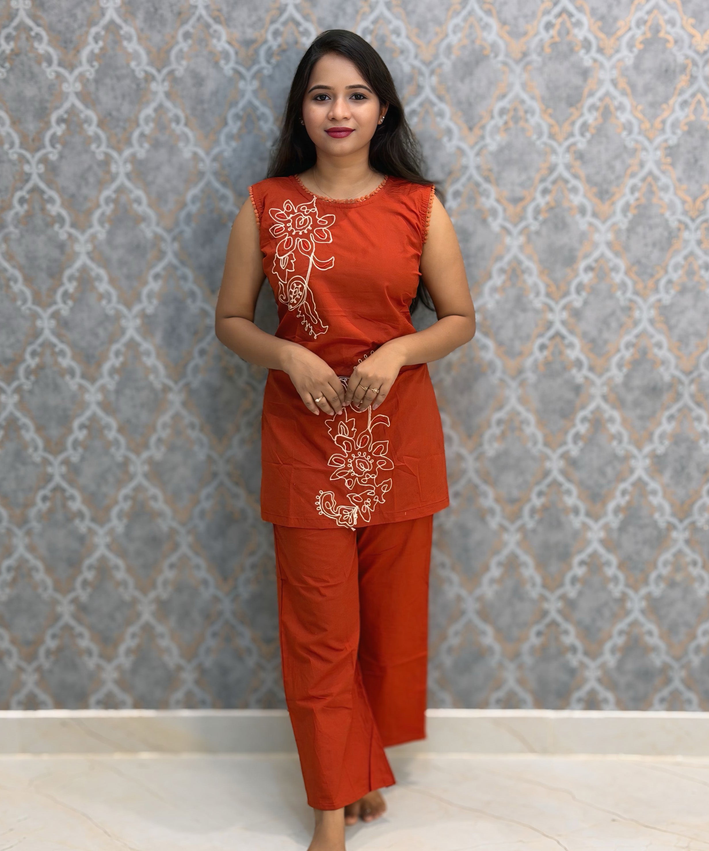 Rust Orange Color Floral Design Flex Cotton Short Top Coord Set with Sleeves / ESS403