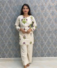 Purple and Half White Color Floral Design Flex Cotton Short Top Coord Set / ESS403