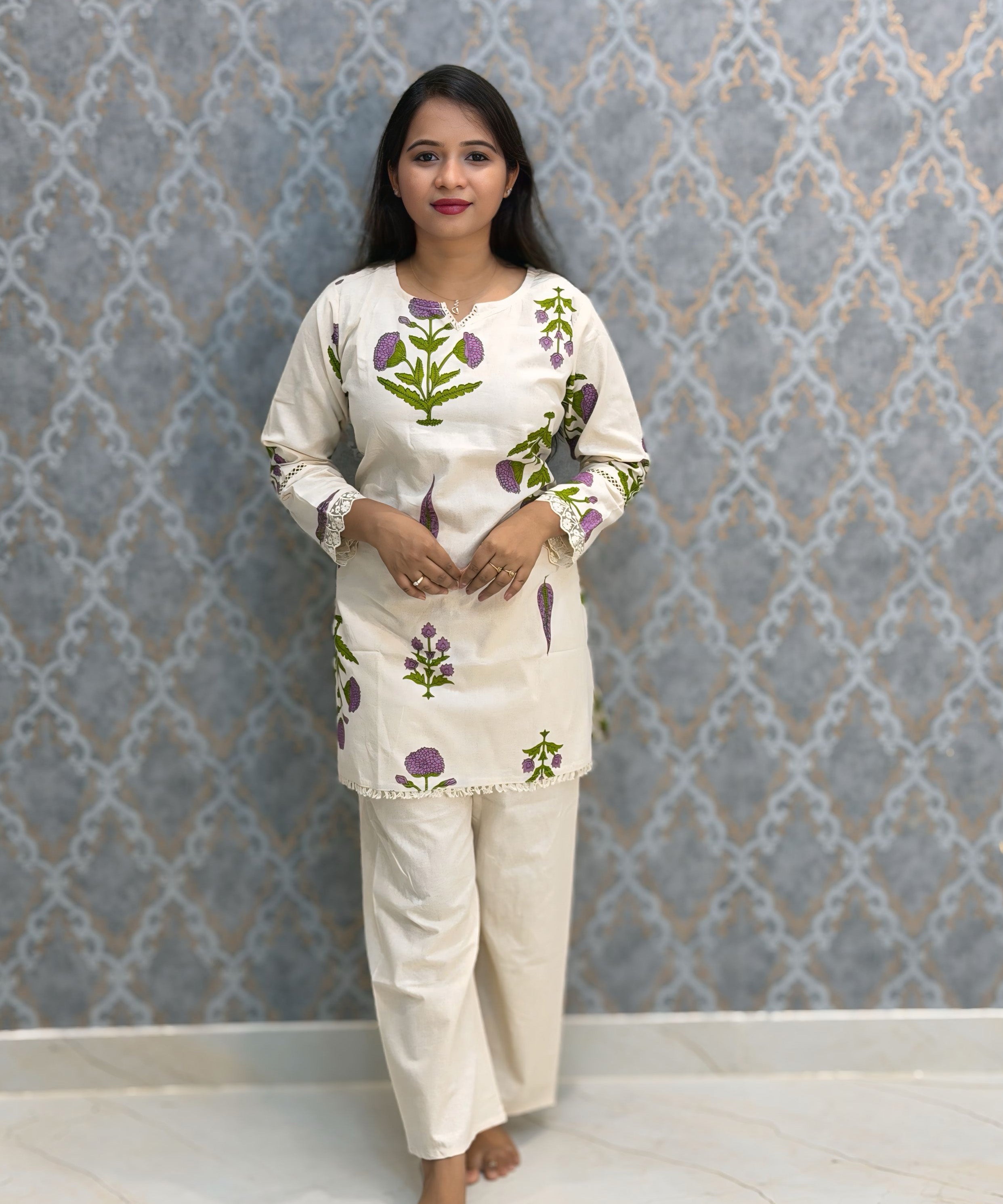 Purple and Half White Color Floral Design Flex Cotton Short Top Coord Set / ESS403