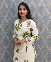 Purple and Half White Color Floral Design Flex Cotton Short Top Coord Set / ESS403