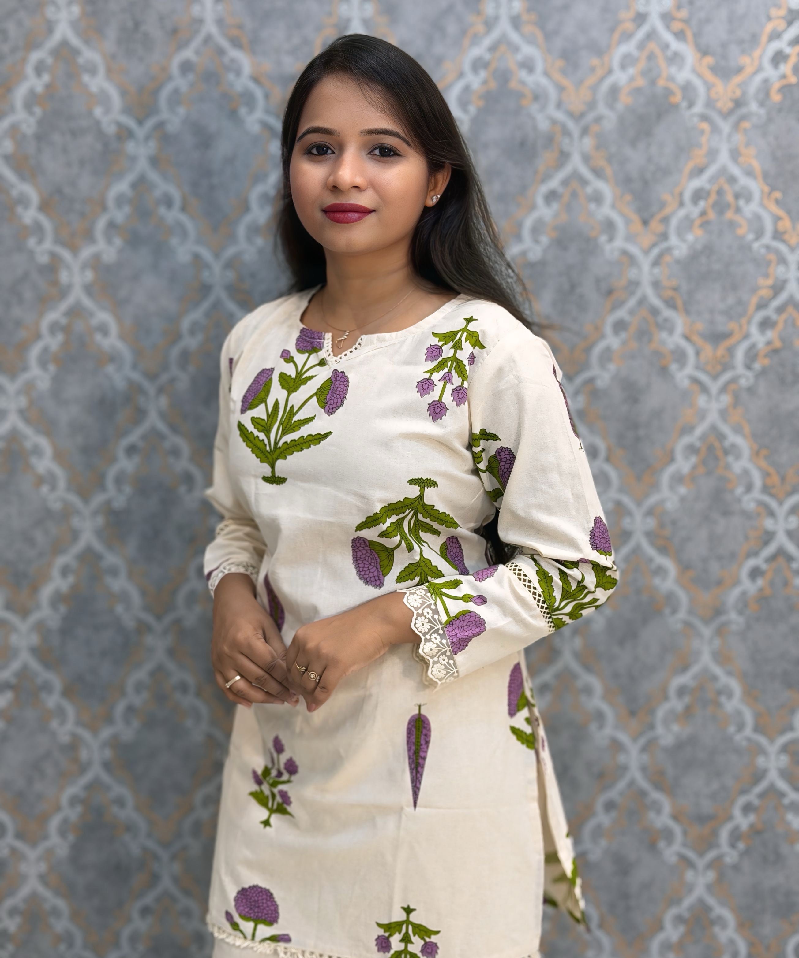 Purple and Half White Color Floral Design Flex Cotton Short Top Coord Set / ESS403