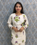 Purple and Half White Color Floral Design Flex Cotton Short Top Coord Set / ESS403