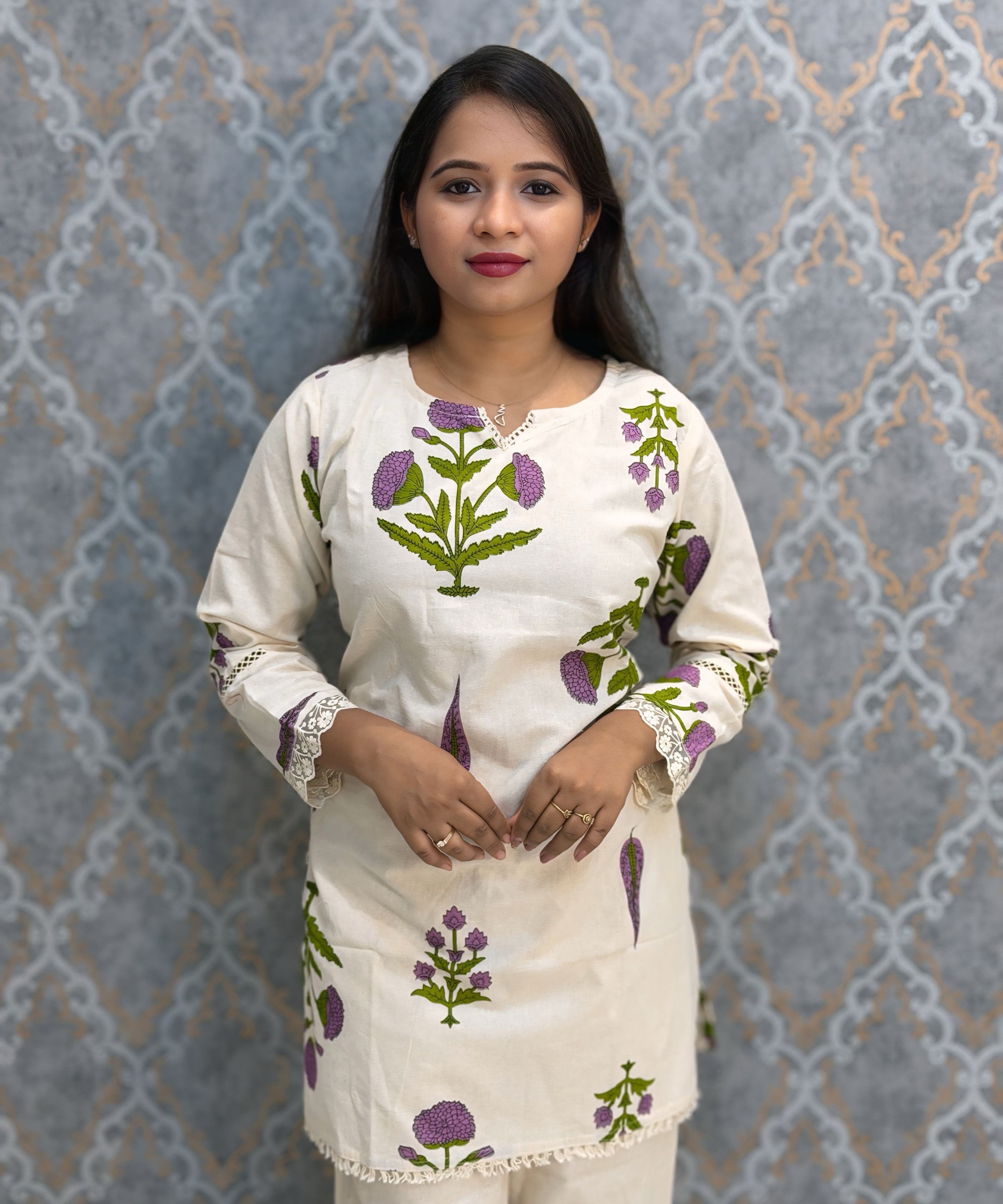 Purple and Half White Color Floral Design Flex Cotton Short Top Coord Set / ESS403