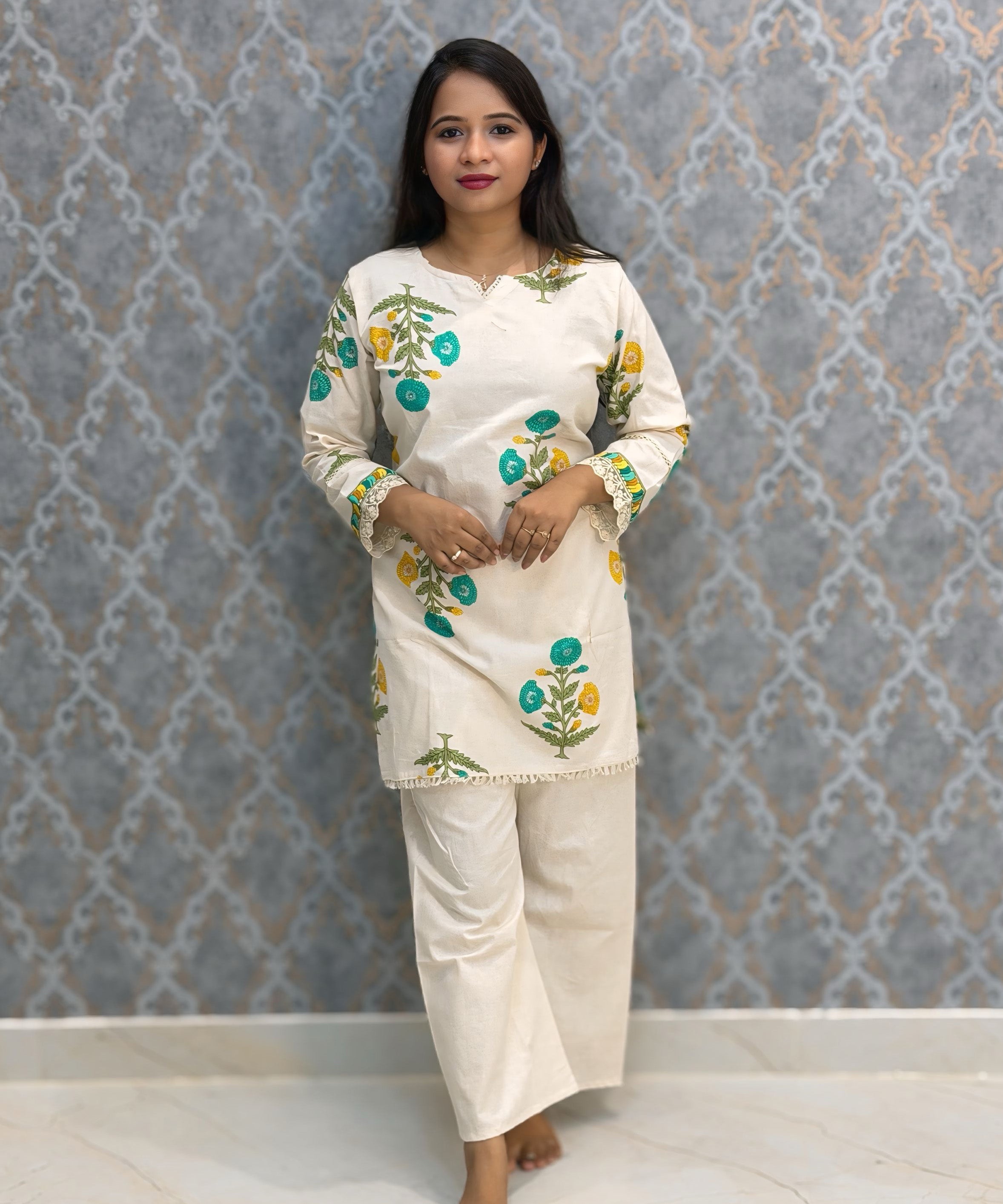 Yellow Green and Half White Color Floral Design Flex Cotton Short Top Coord Set / ESS403