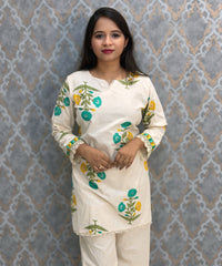 Yellow Green and Half White Color Floral Design Flex Cotton Short Top Coord Set / ESS403