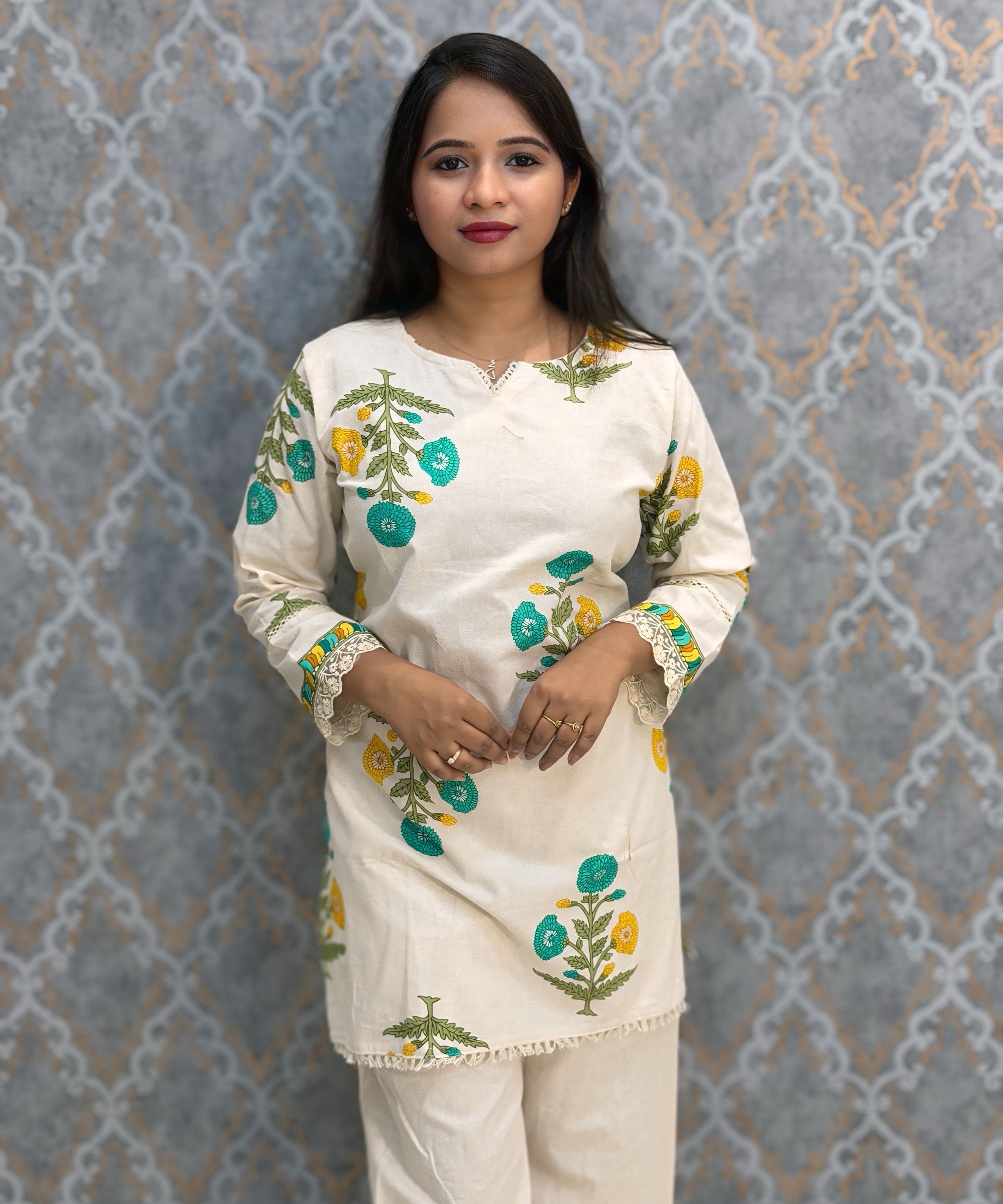 Yellow Green and Half White Color Floral Design Flex Cotton Short Top Coord Set / ESS403