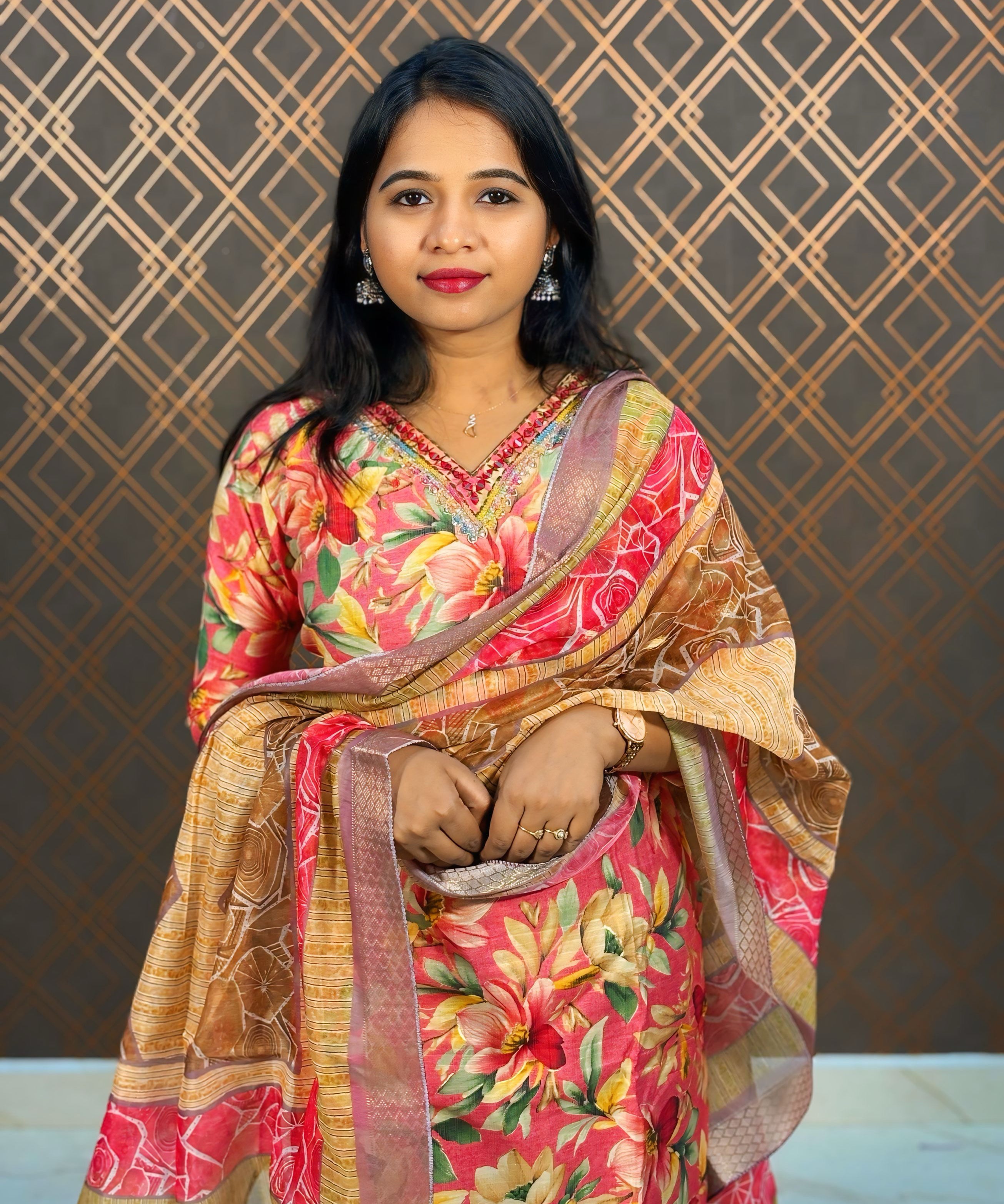 Pink and Violet Color Floral Design Premium Salwar Set with Pocket / ESS310