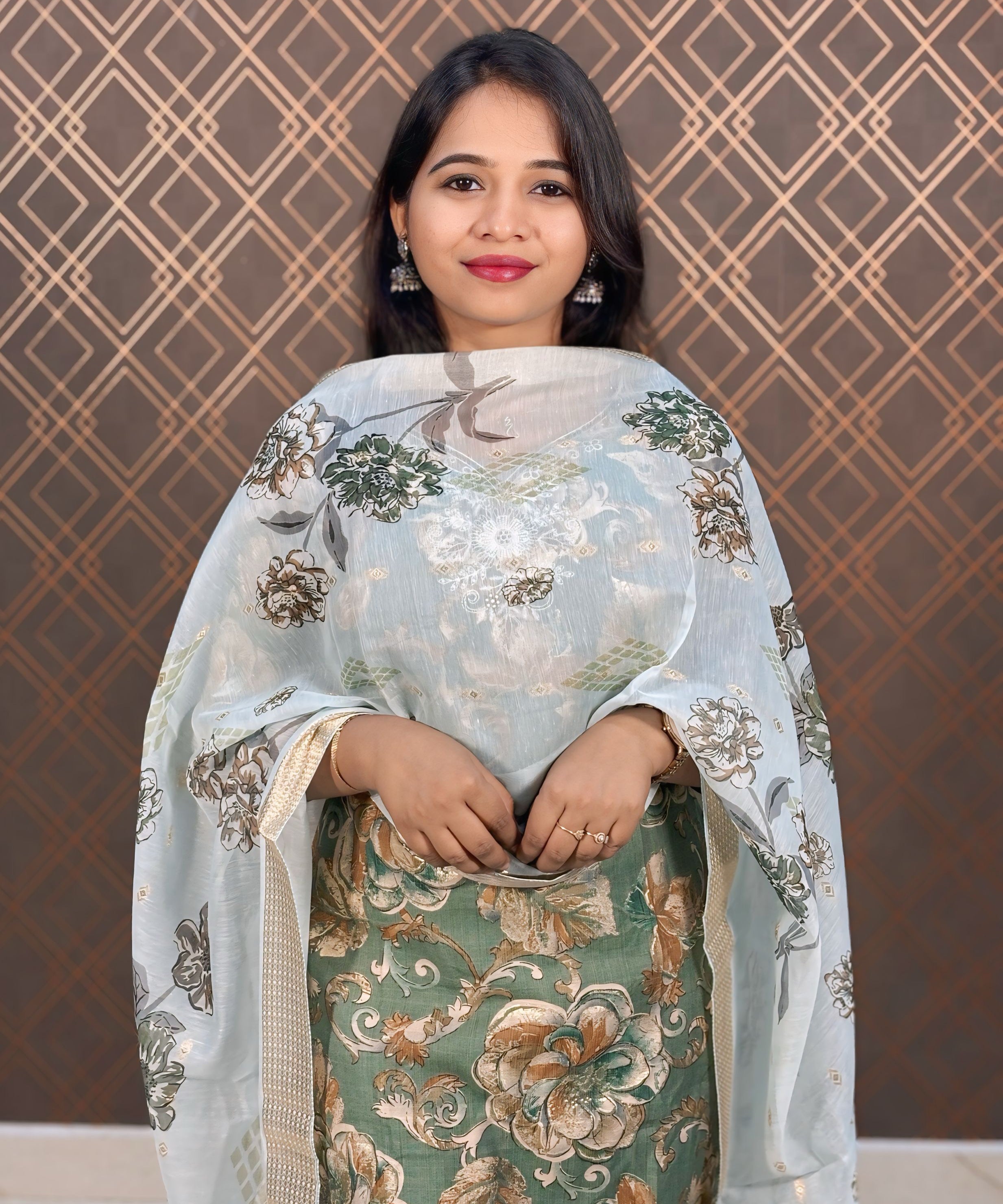 Green and Brown Color Floral Design Premium Salwar Set with Pocket / ESS310