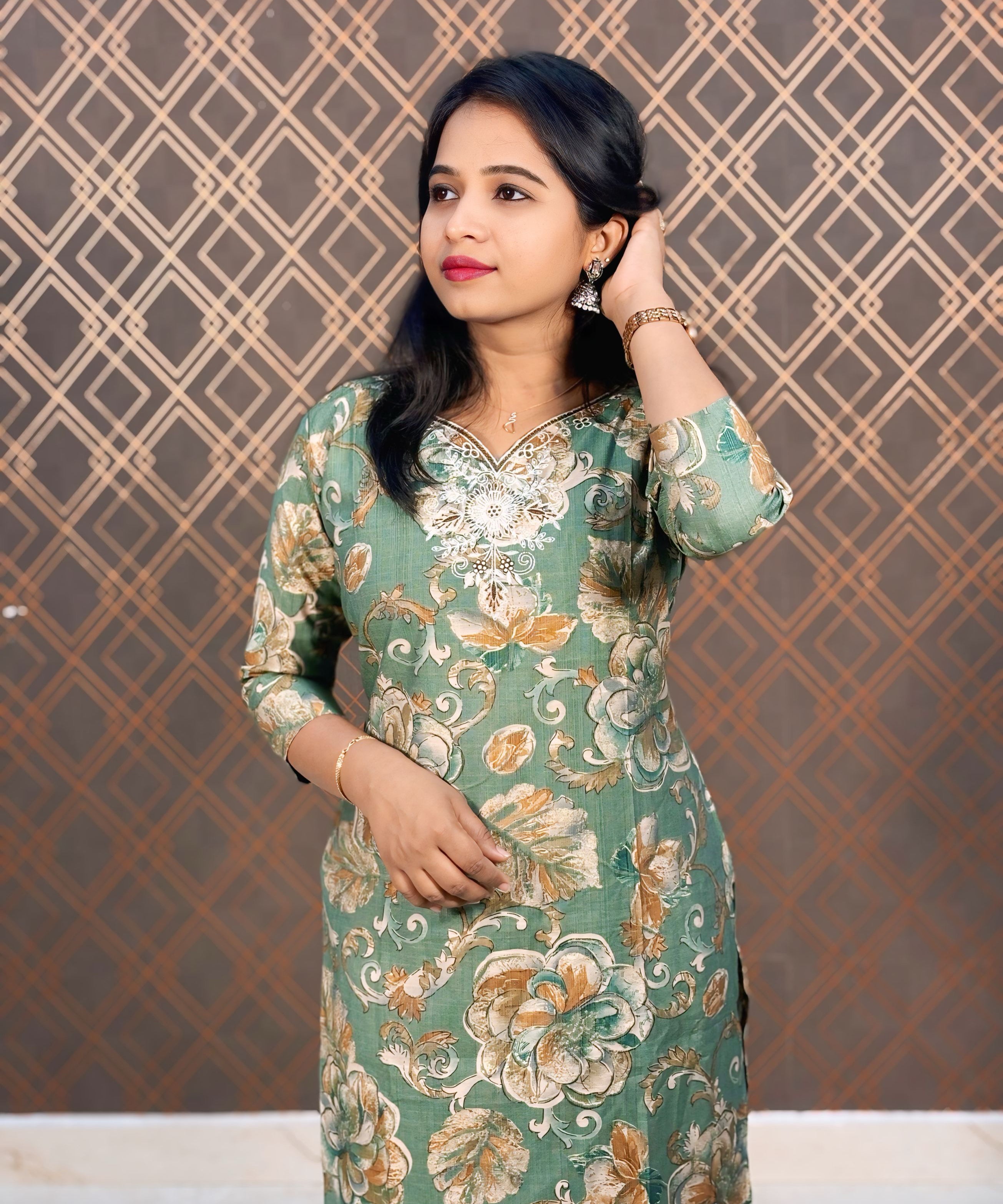 Green and Brown Color Floral Design Premium Salwar Set with Pocket / ESS310