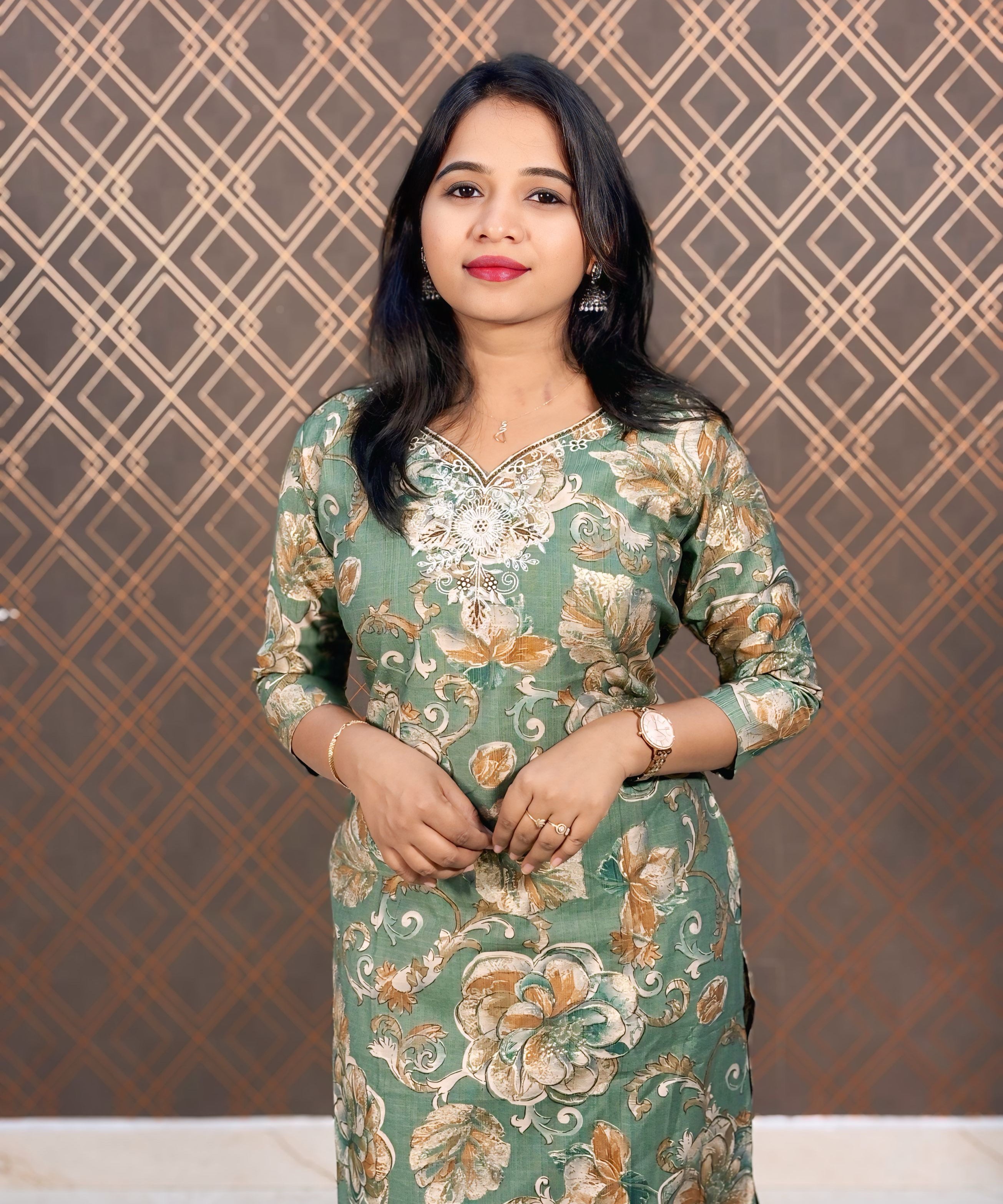 Green and Brown Color Floral Design Premium Salwar Set with Pocket / ESS310