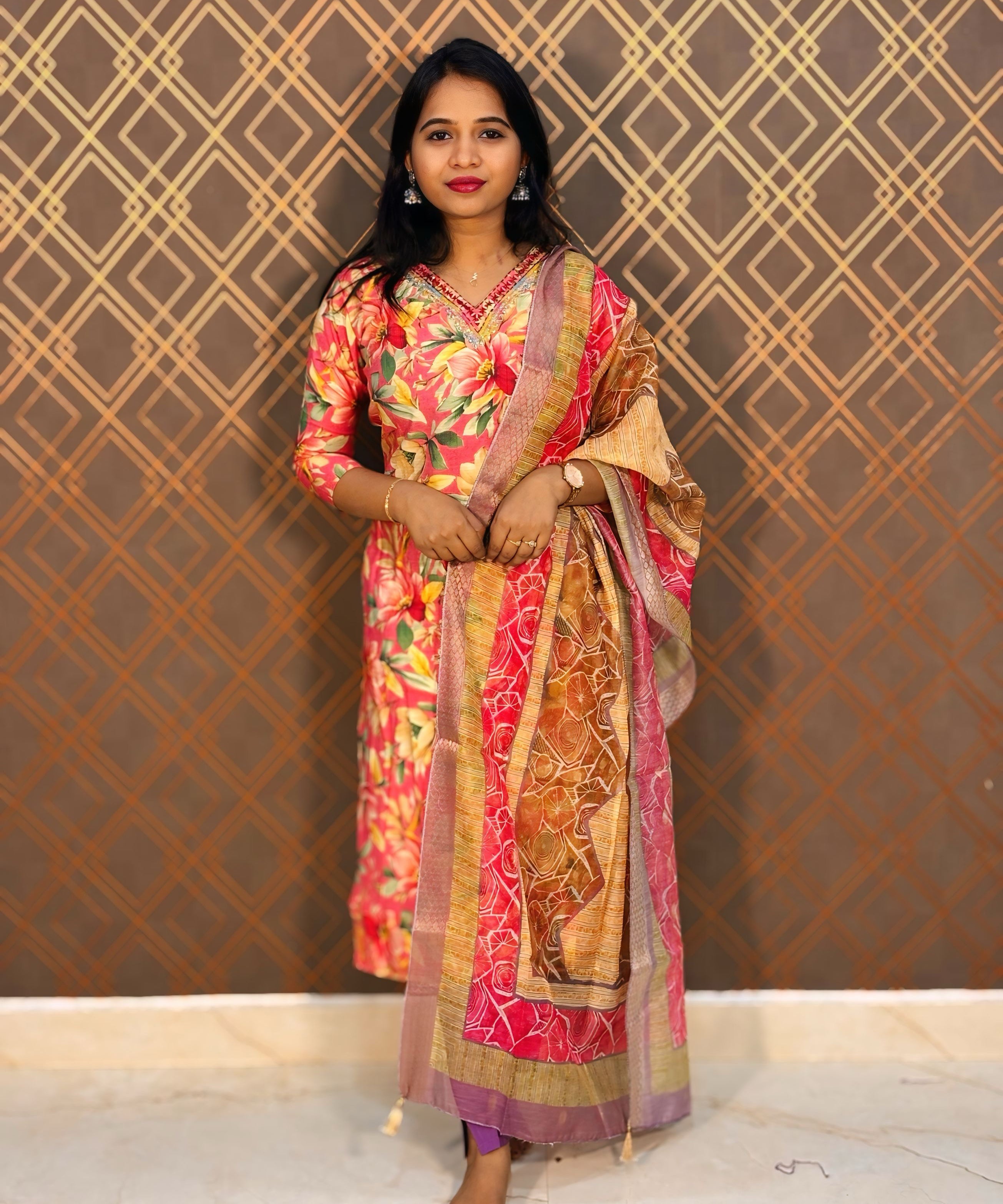 Pink and Violet Color Floral Design Premium Salwar Set with Pocket / ESS310