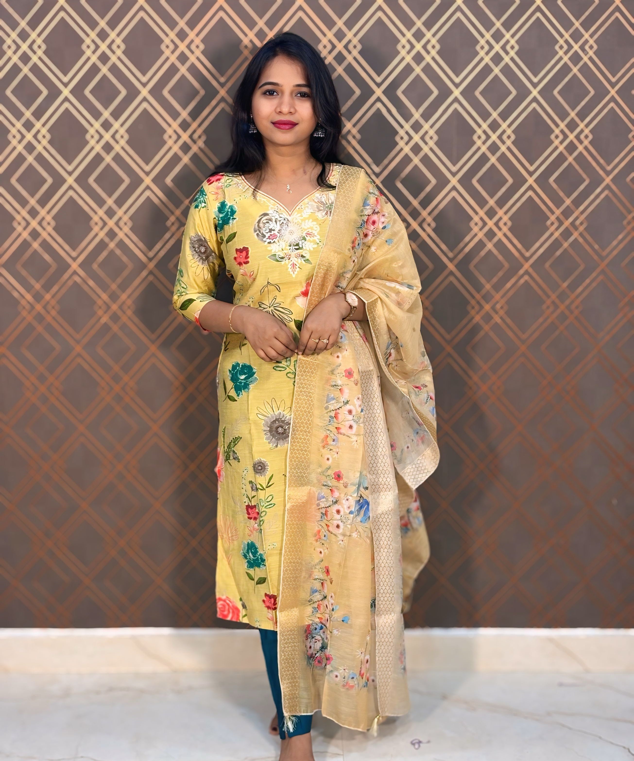 Yellow and Rama Green Color Floral Design Premium Salwar Set with Pocket / ESS310