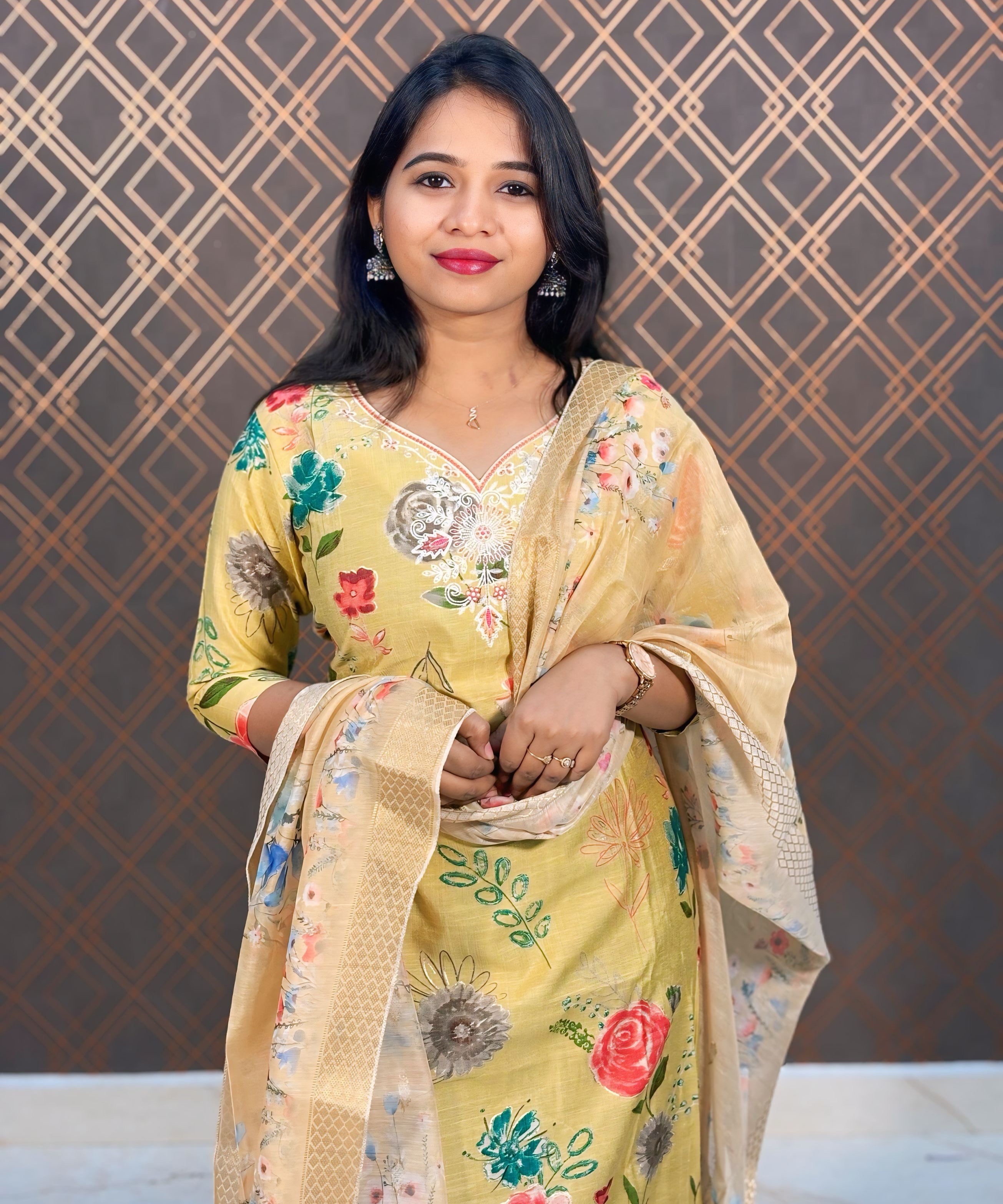 Yellow and Rama Green Color Floral Design Premium Salwar Set with Pocket / ESS310