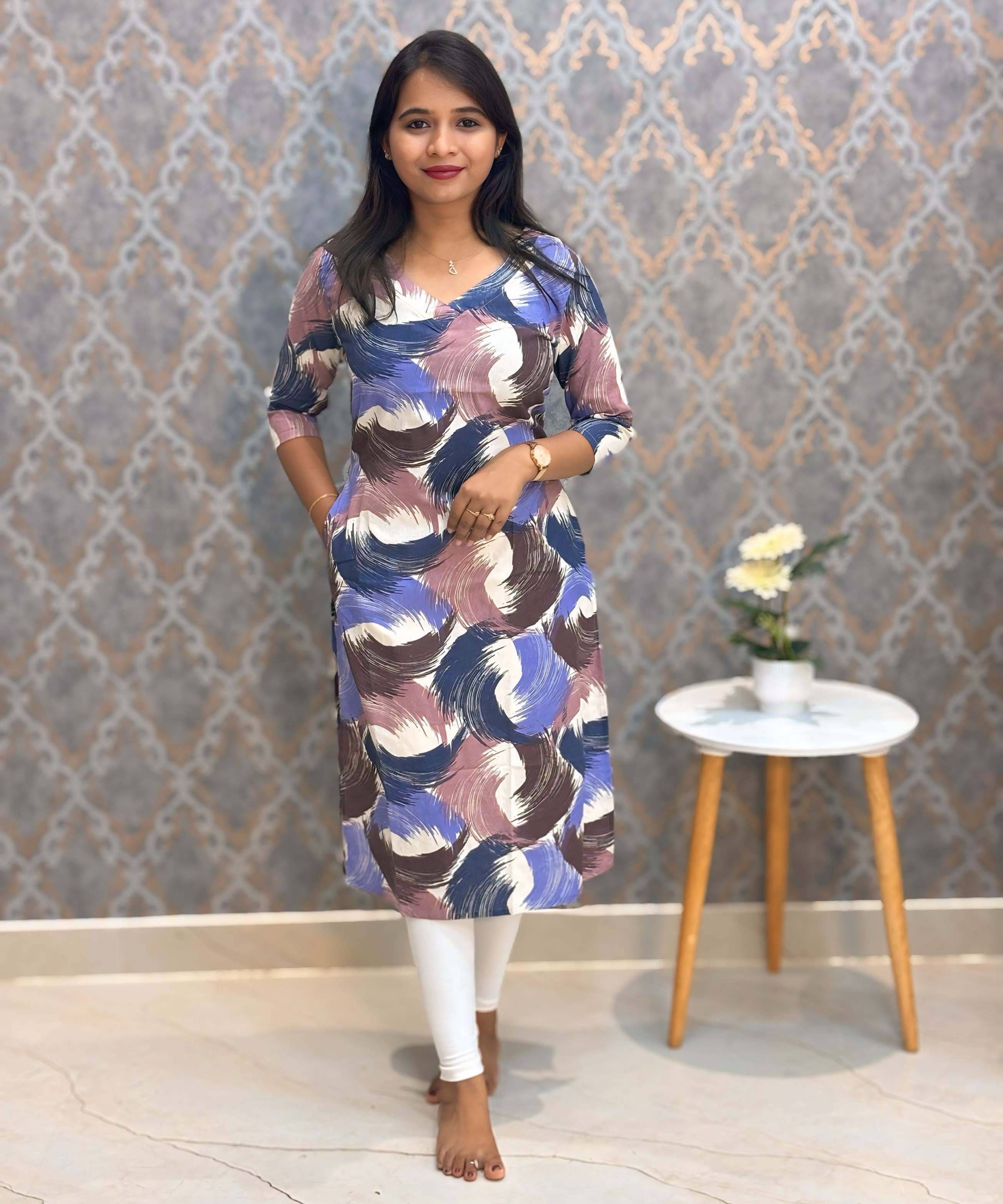 Blue and Brown with Half White V Neck Floral Flex Cotton Kurti with Pocket / LSS179