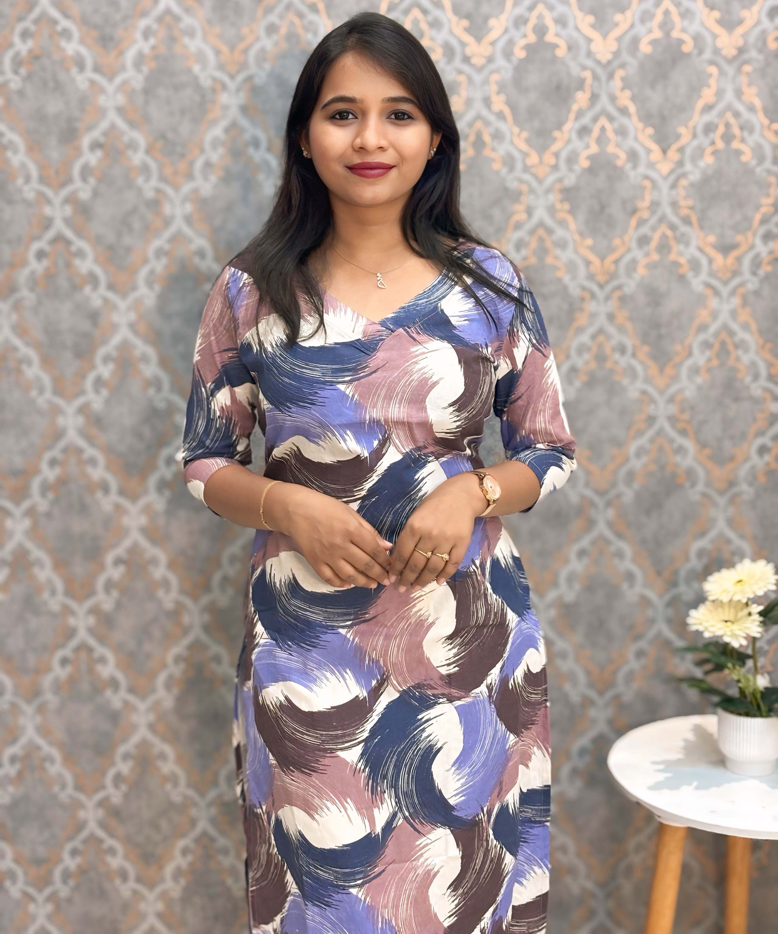 Blue and Brown with Half White V Neck Floral Flex Cotton Kurti with Pocket / LSS179