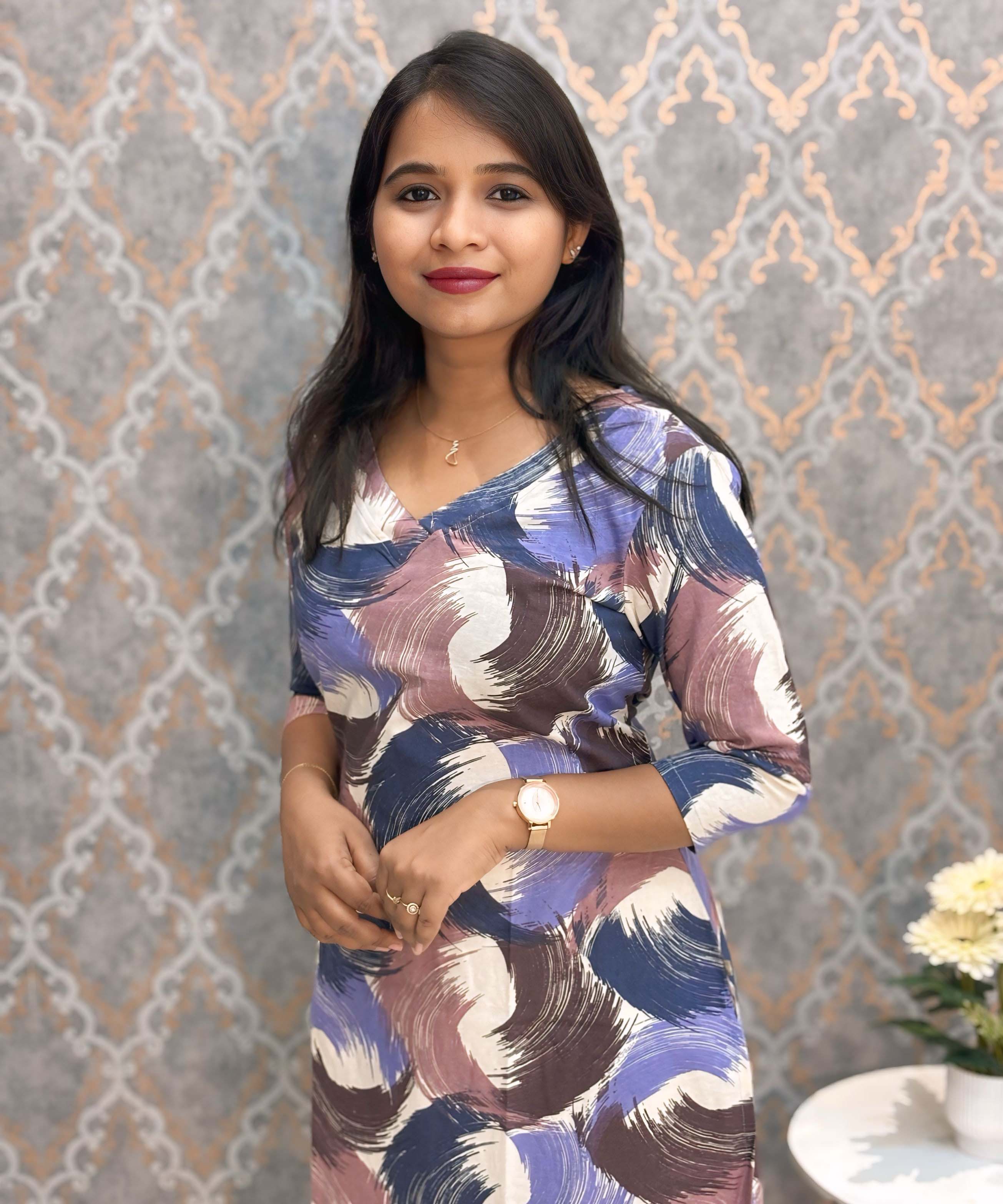 Blue and Brown with Half White V Neck Floral Flex Cotton Kurti with Pocket / LSS179