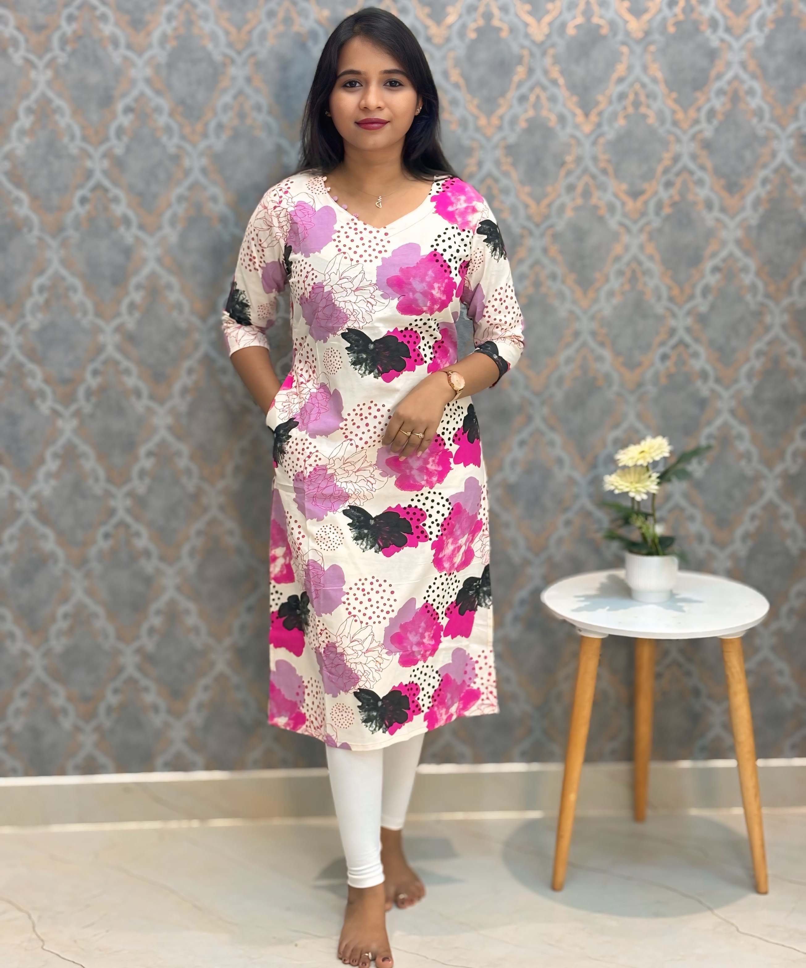 Pink and Black with Half White V Neck Floral Flex Cotton Kurti with Pocket / LSS179