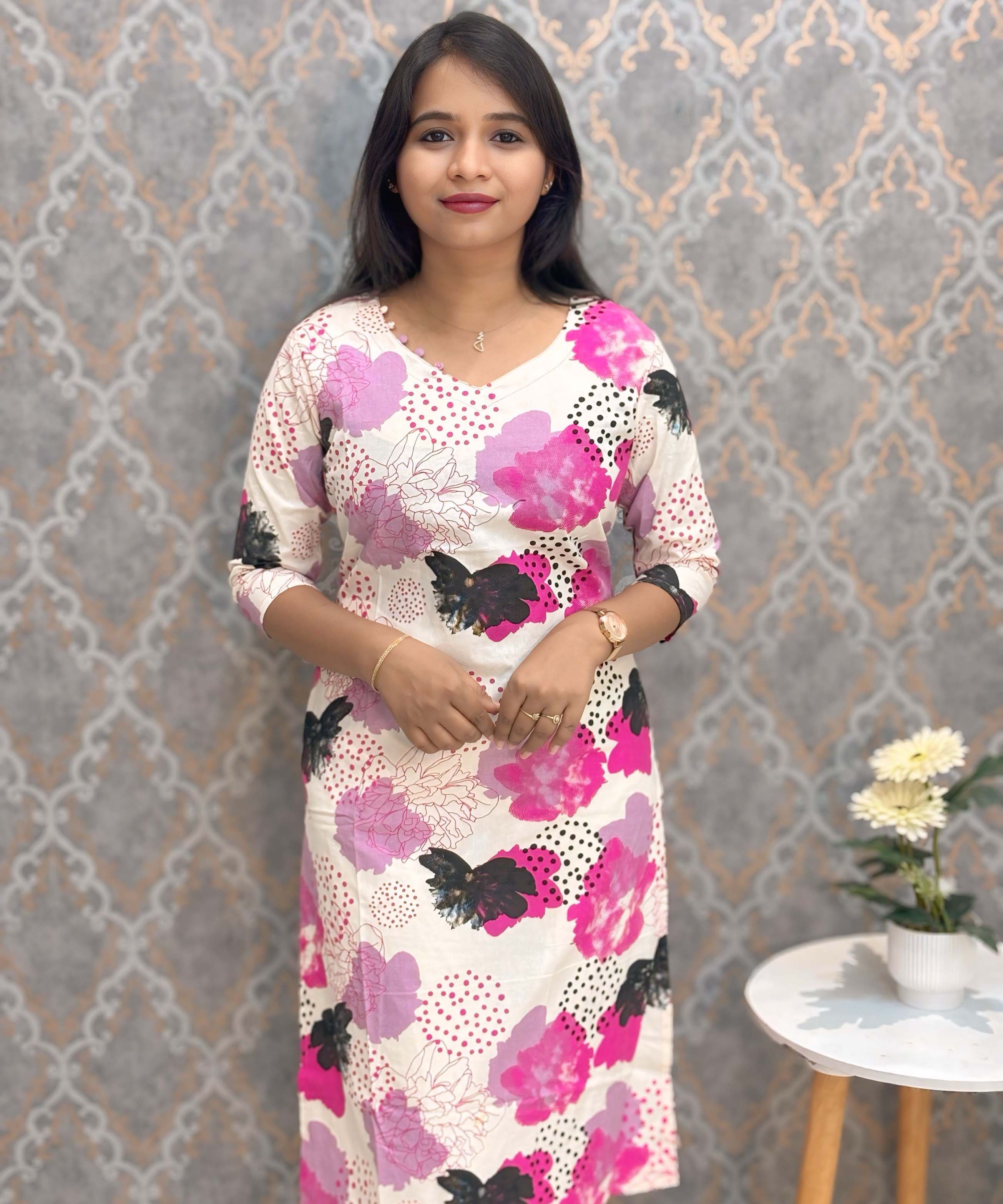 Pink and Black with Half White V Neck Floral Flex Cotton Kurti with Pocket / LSS179